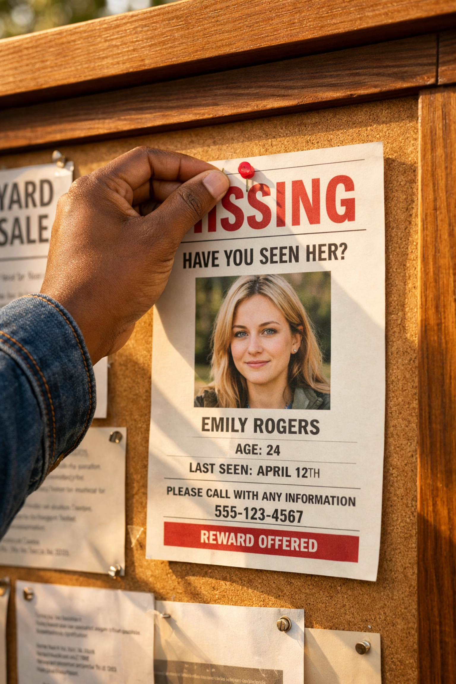 A hand pinning a missing person flyer for Jamaka Simms onto a community bulletin board in the sunlight.