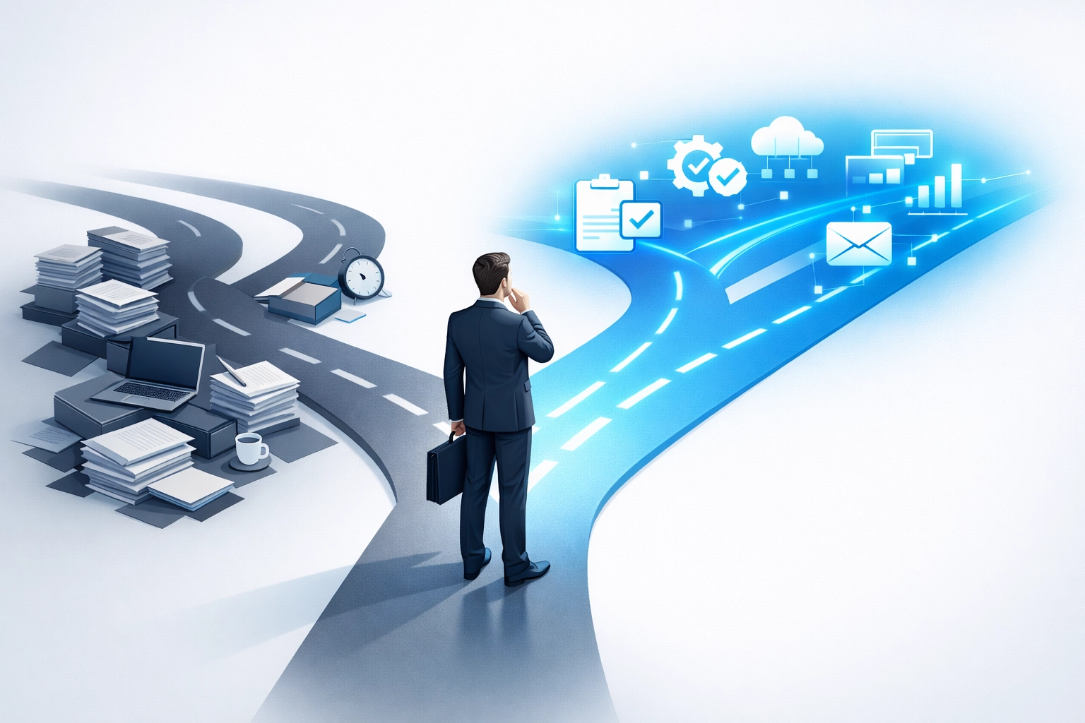 Business owner choosing between automated workflows and manual tasks at decision crossroads