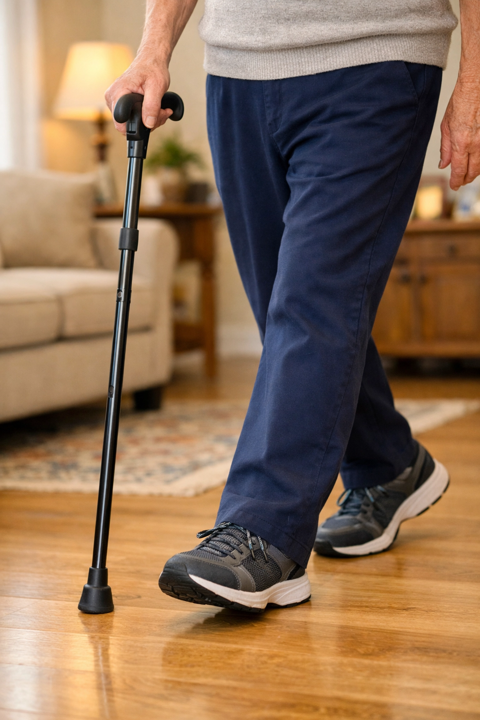 A senior demonstrating the correct way to use a cane by holding it in the hand opposite the weaker leg.