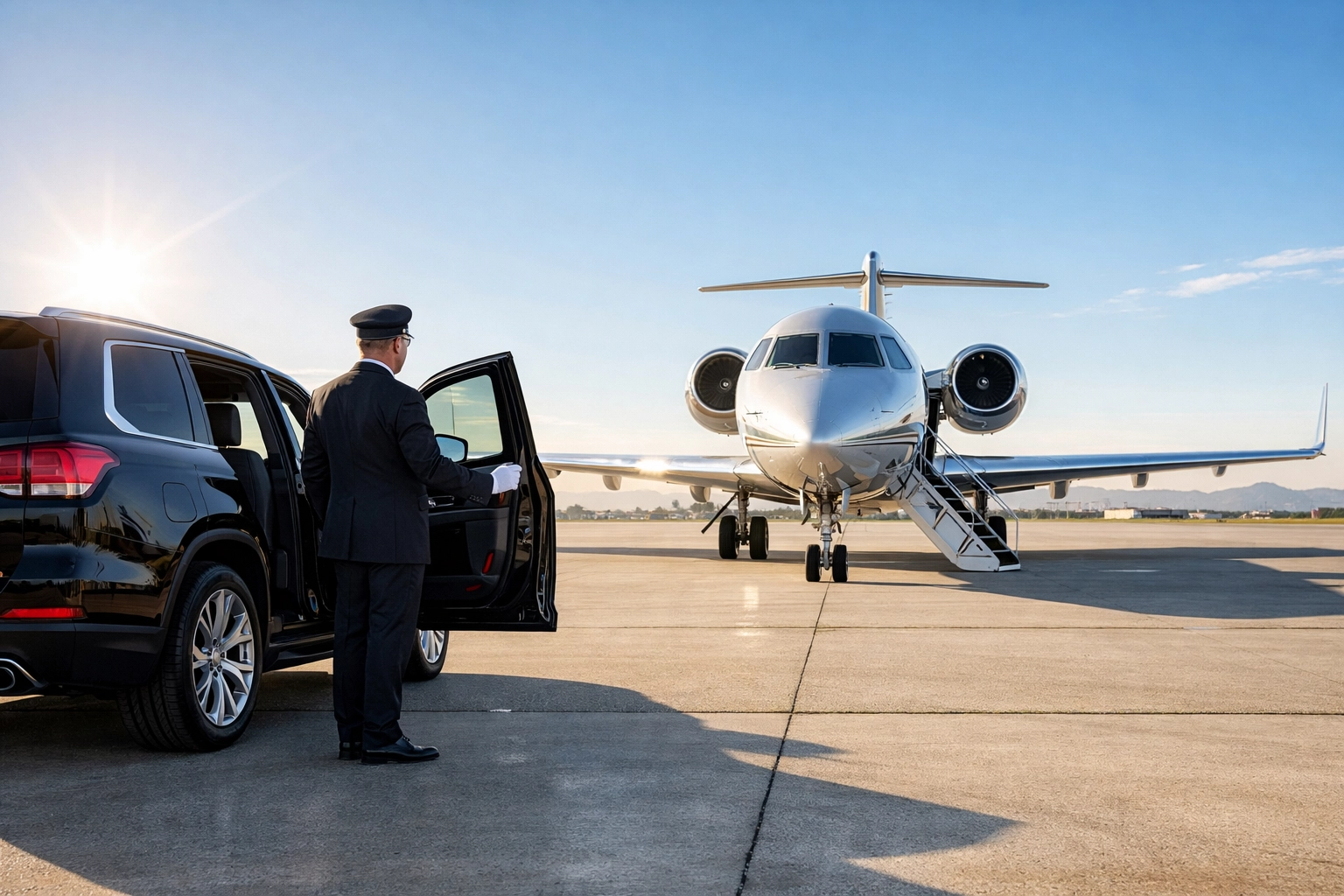 The Ultimate Guide to Super Bowl Sports Marketing: Everything You Need to Succeed in Executive Branding Luxury private jet and chauffeured SUV on a tarmac, illustrating premium corporate logistics for VIP executive branding.