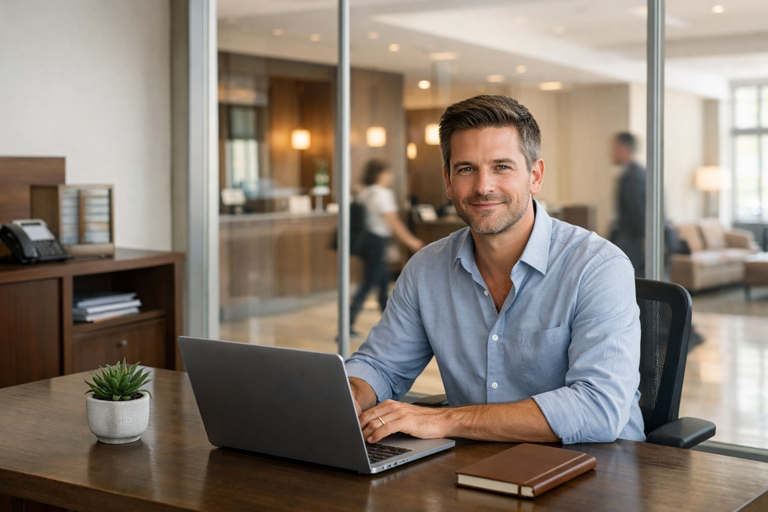 A relaxed hotel manager using cloud-native hotel PMS software to oversee daily operations.