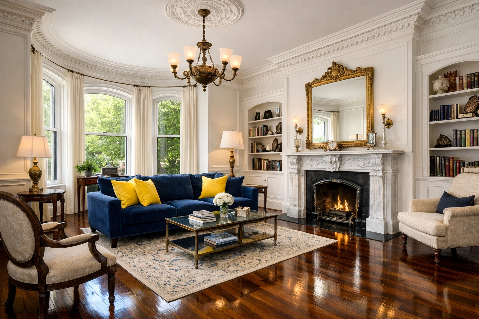 Luxury house cleaning Cambridge MA in a historic Harvard Square home with pristine white molding and floors.