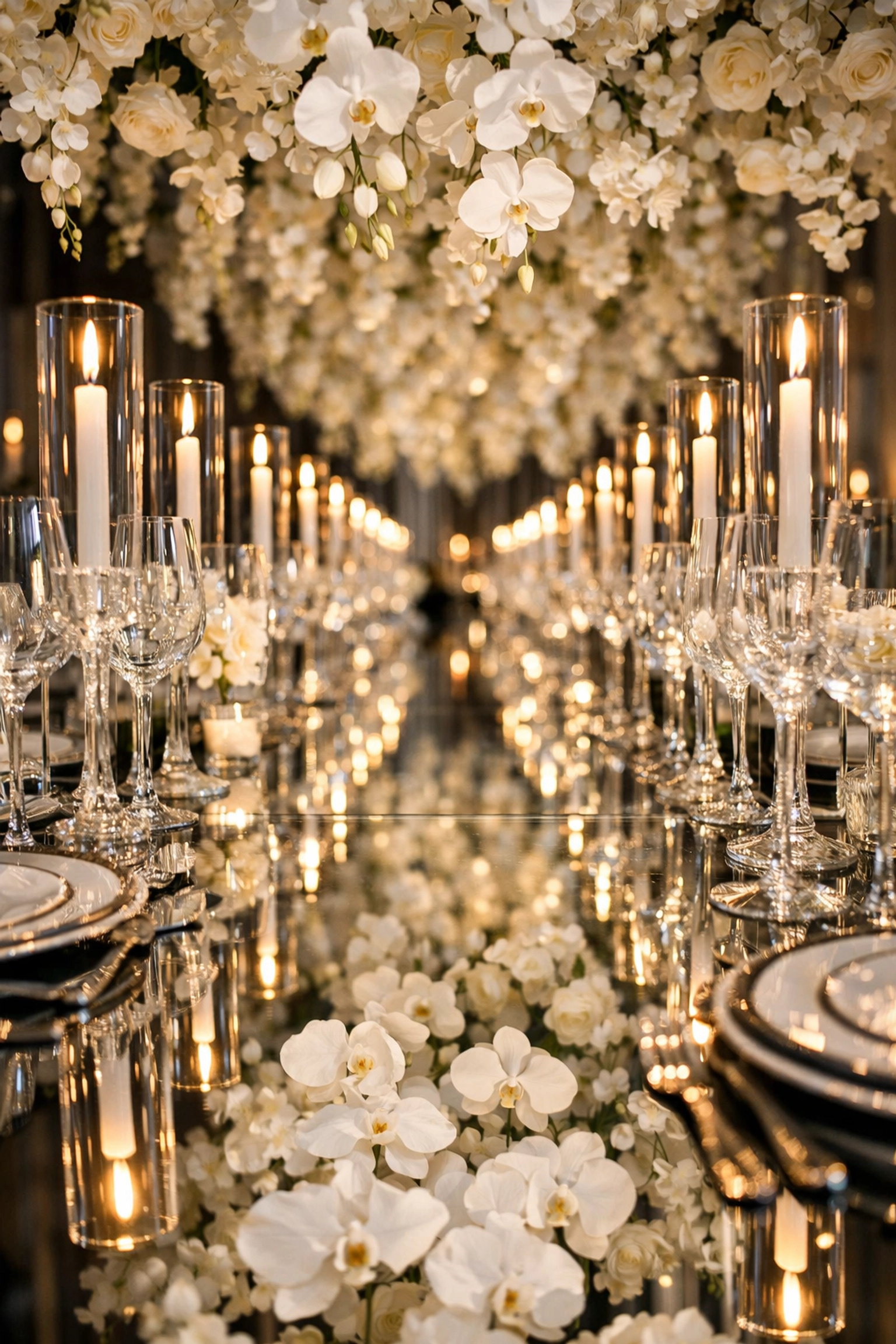 Breathtaking wedding showcase of a mirrored reception table with white orchids and candlelight.
