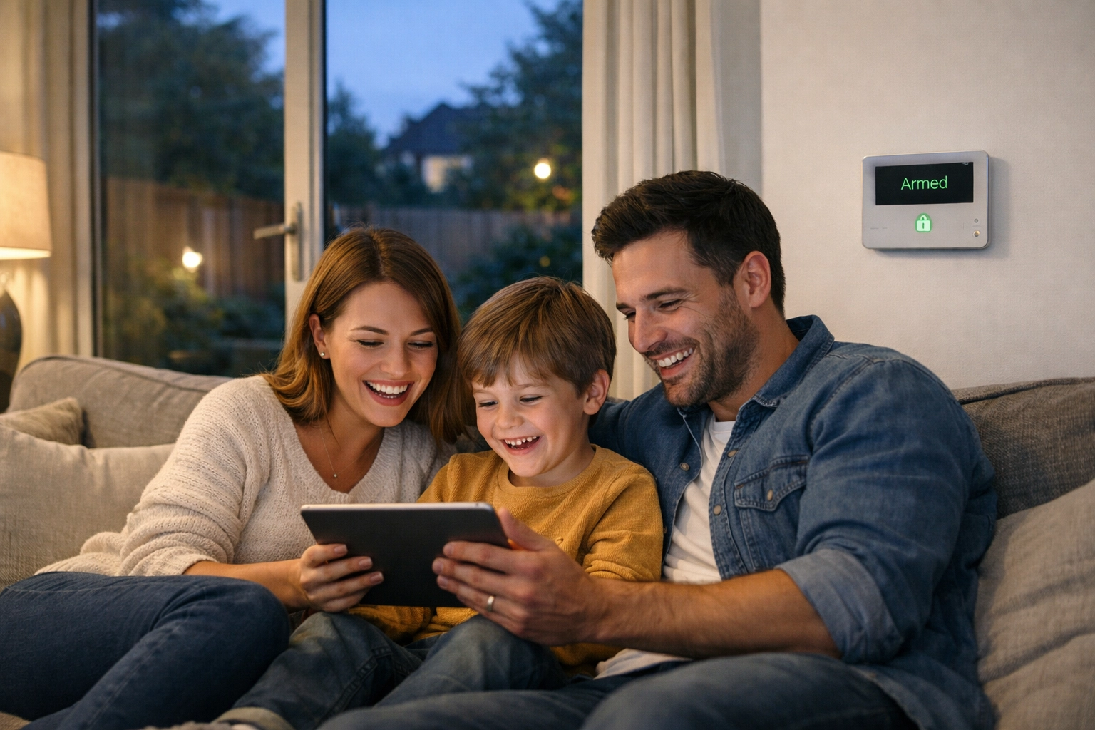 A happy family relaxing in their secure home protected by a professional smart security system.