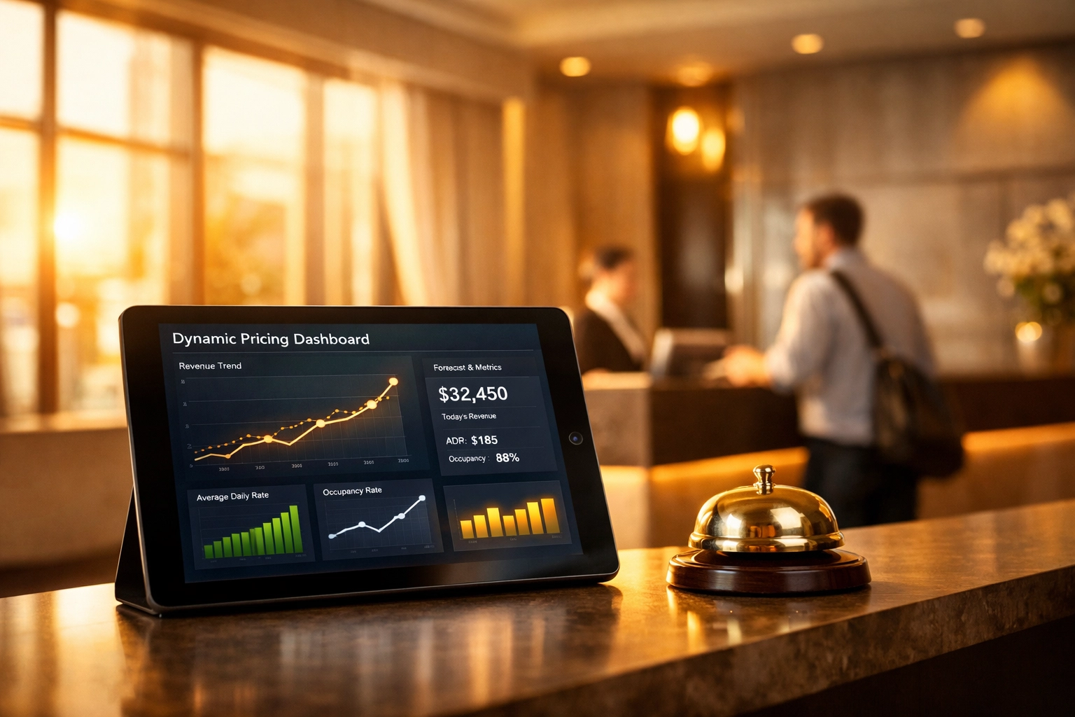 Hotel reception desk with digital pricing dashboard showing revenue management analytics