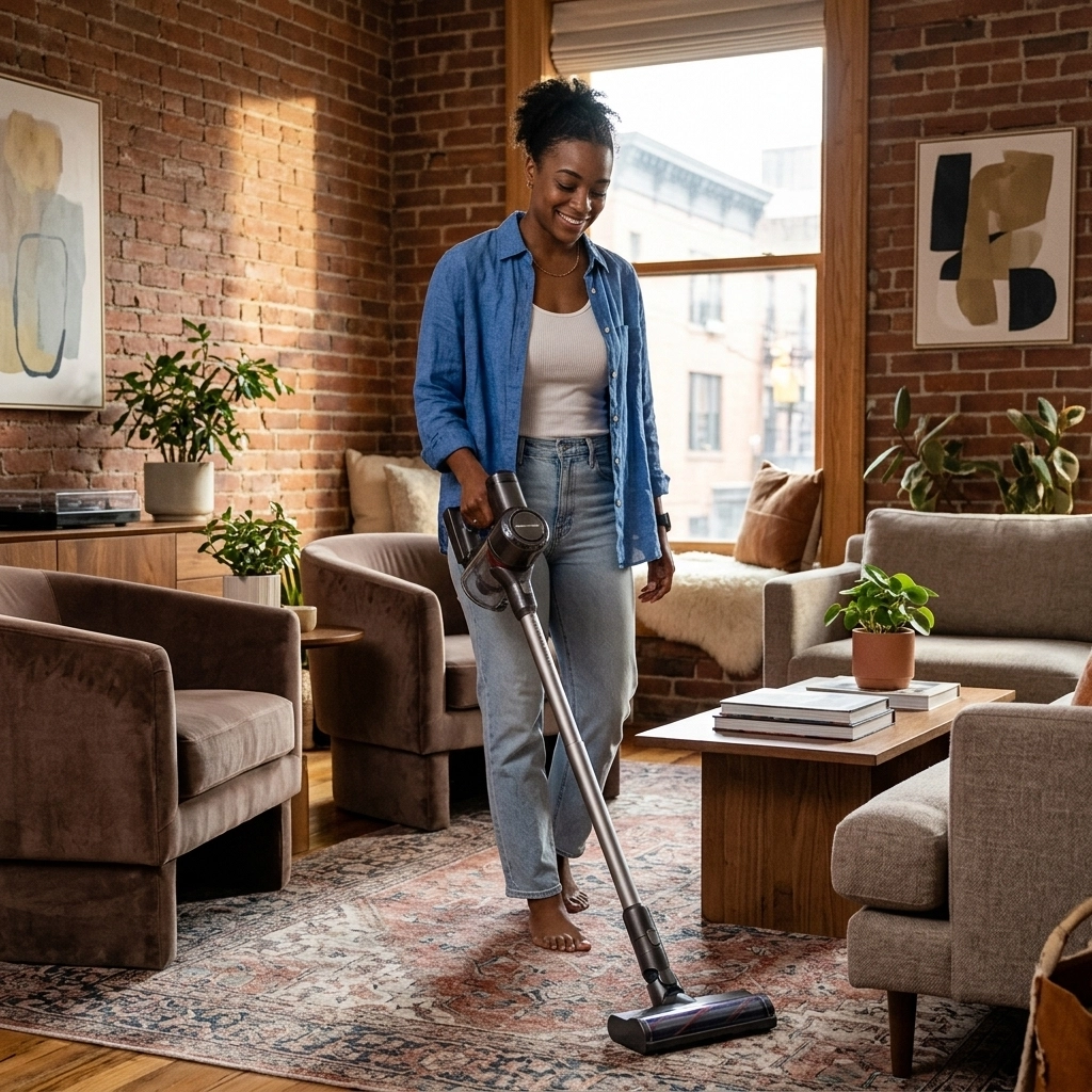 A woman effortlessly cleaning a sunlit brownstone apartment