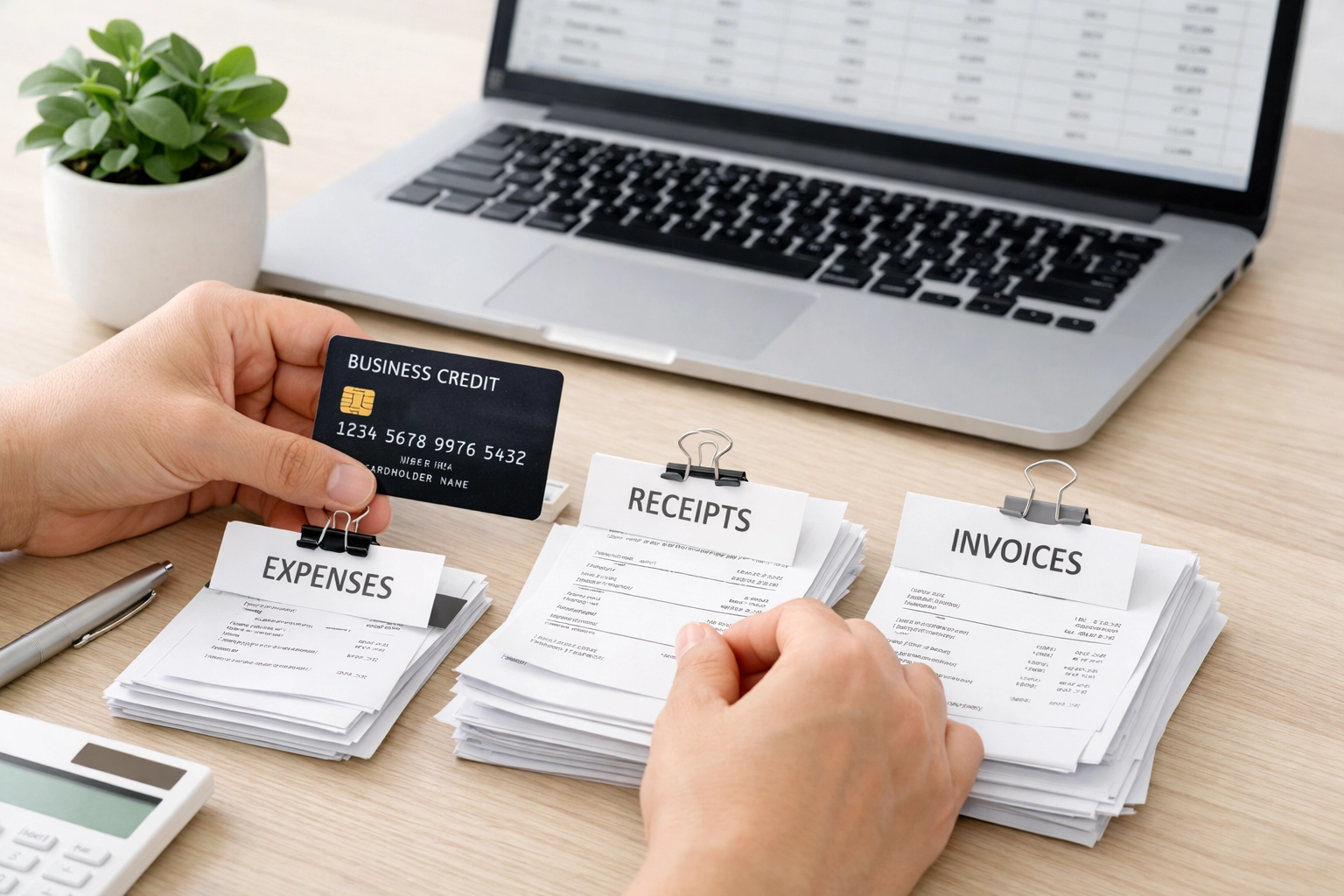 Organizing business receipts and documents with dedicated business credit card for clean bookkeeping