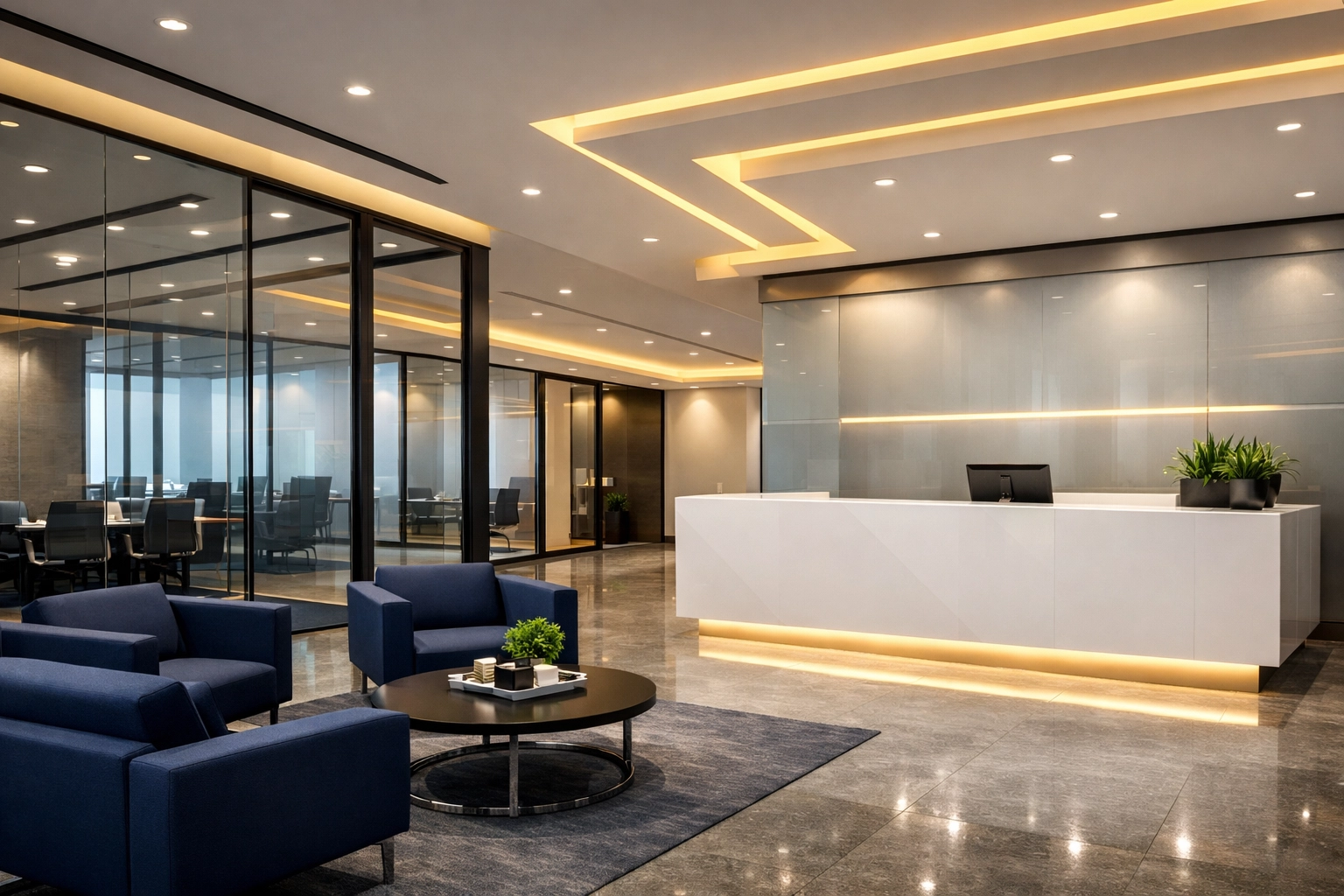 Professional office cleaning Westford results in a modern, productive, and spotless corporate lobby.