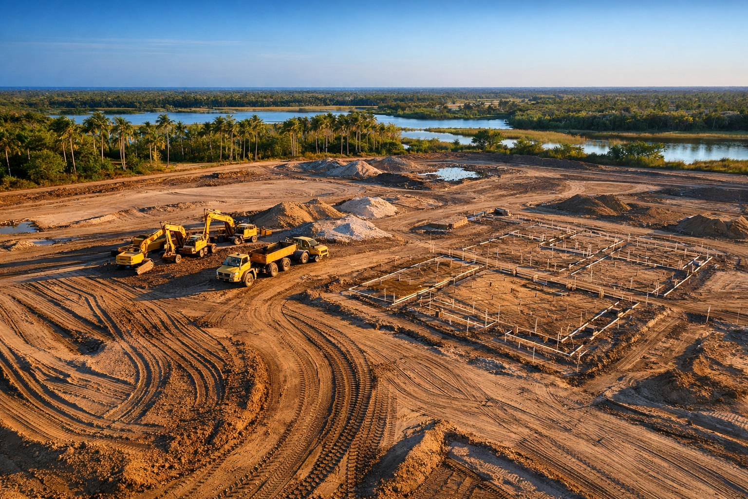 Aerial drone view of SWFL construction site showing excavators, graded earth, and material stockpiles