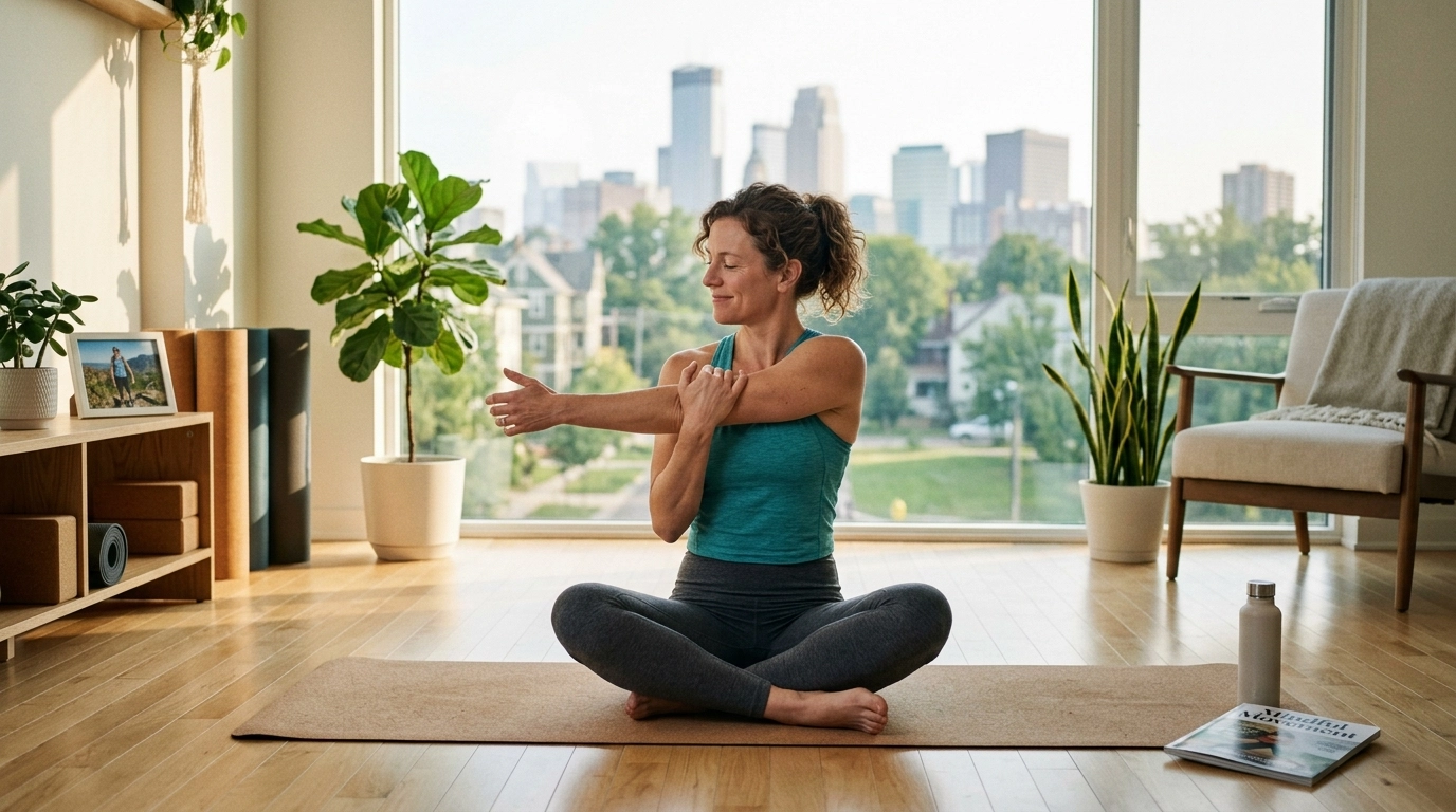 A healthy, refreshed woman stretching in a bright studio, representing a successful recovery and a return to an active lifestyle.