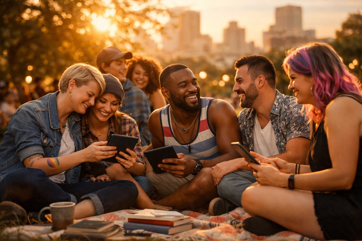 Diverse LGBTQ+ group reading and discussing queer fiction together in a sunlit park.
