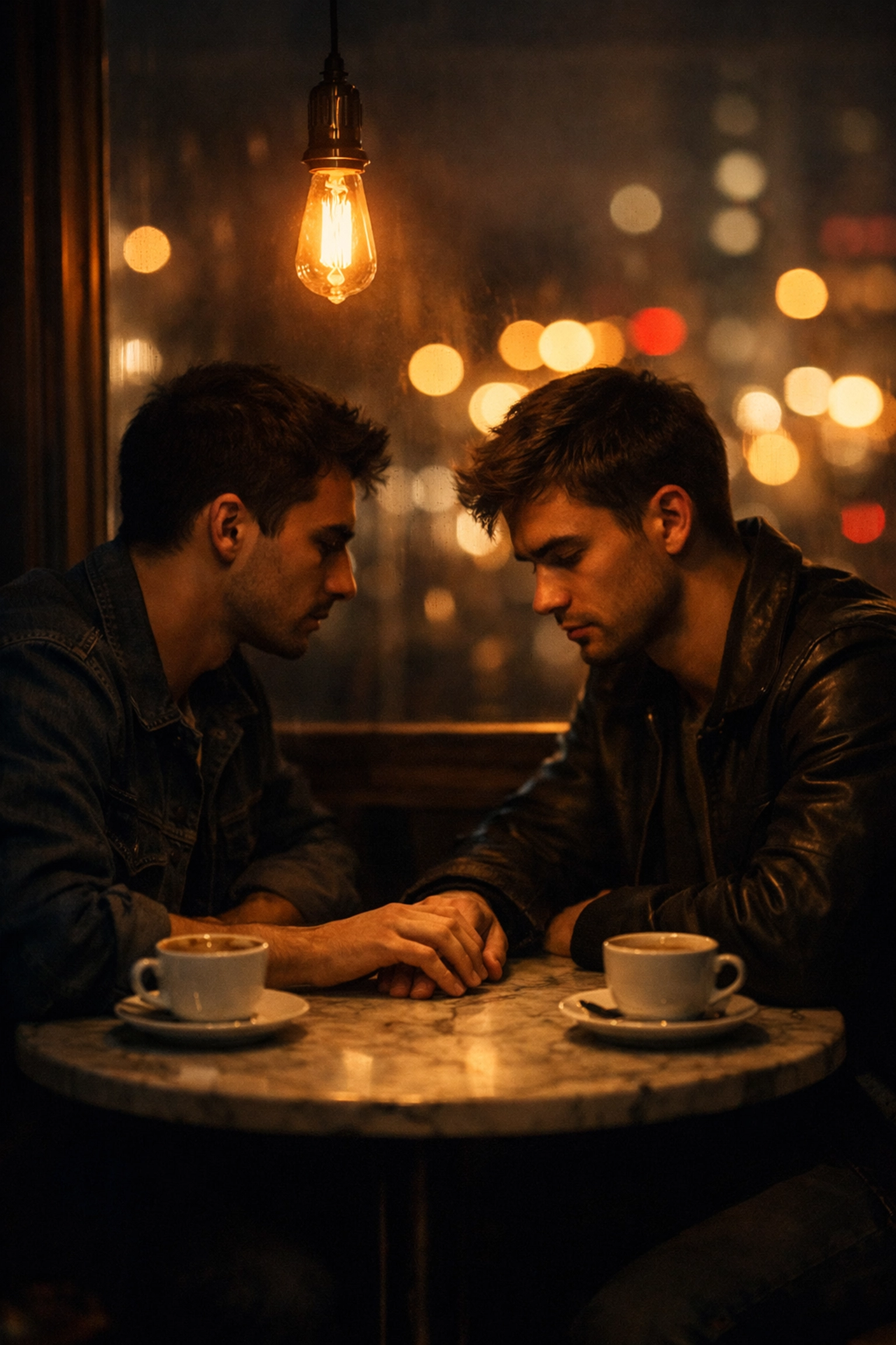 Gay couple sharing intimate moment in Tirana cafe in Albania