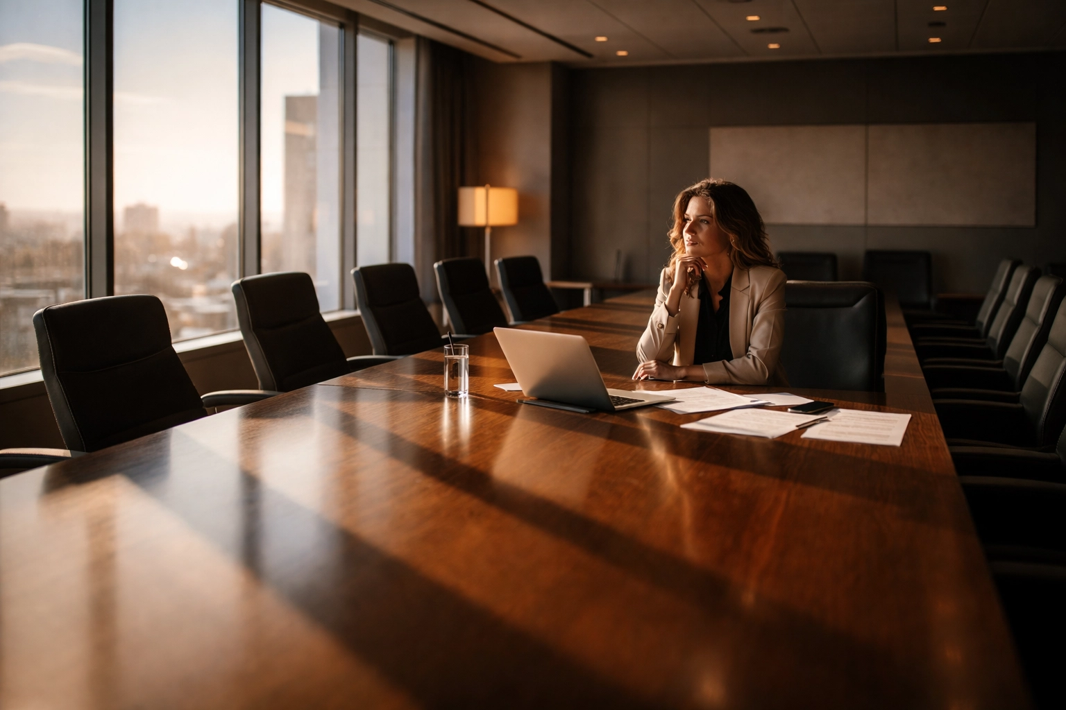 Professional woman in boardroom feeling disconnected after divorce, illustrating performance coaching need