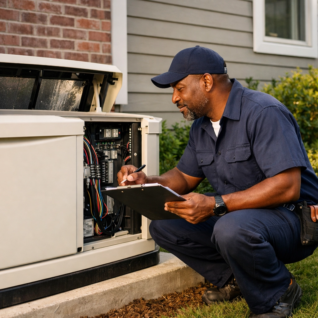 Licensed electrician inspecting newly installed whole house generator connections