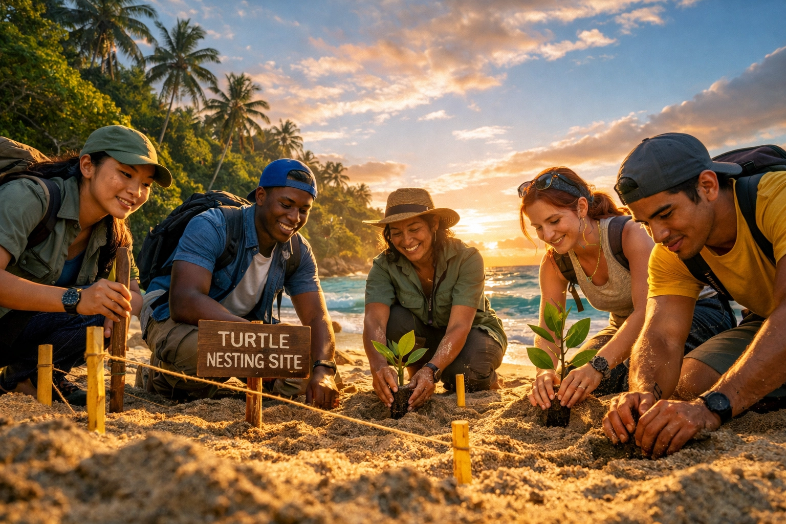 Student volunteers assisting with wildlife conservation on a tropical beach in Costa Rica.