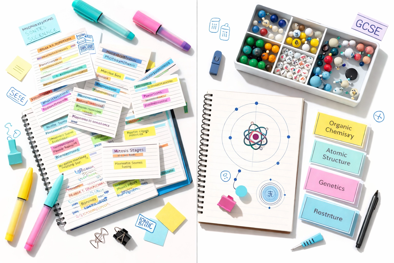 GCSE science revision scene showing messy notes versus organised cards and molecular models for effective learning