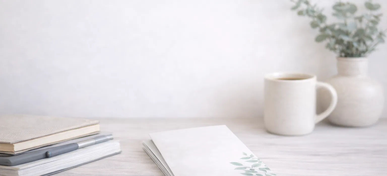 A calm, neutral workspace reflecting a supportive environment for online sessions.