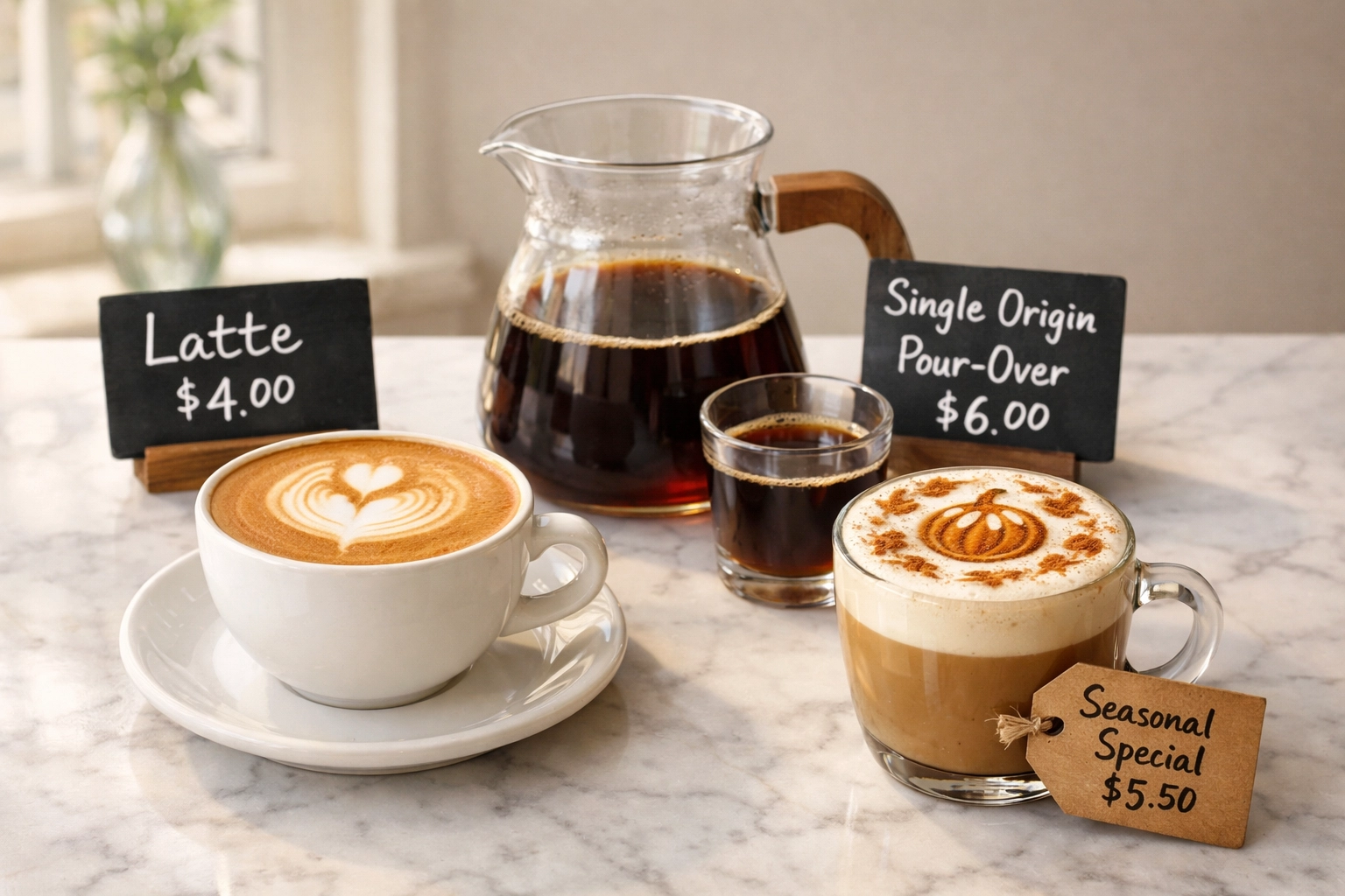 Three coffee drinks showing tiered menu pricing from standard to specialty options