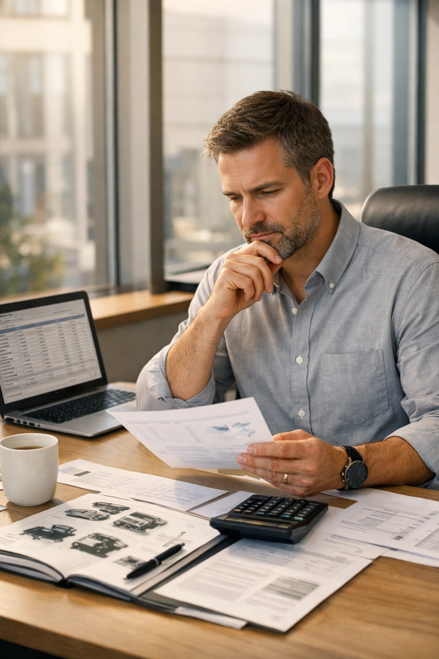 Business owner reviewing equipment purchase documents and tax planning materials at office desk