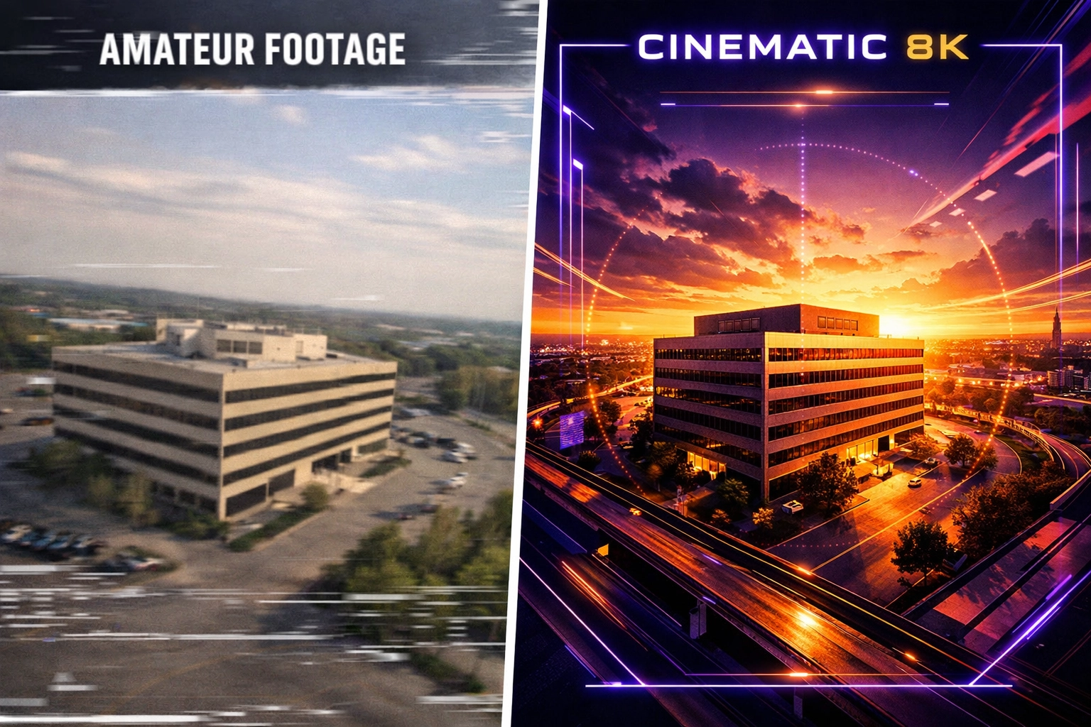 Comparison of amateur vs professional drone footage quality showing dramatic difference