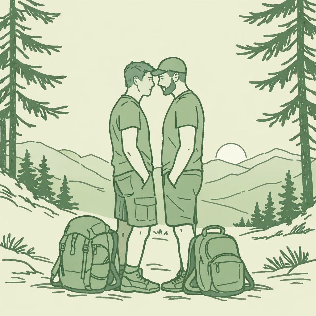 Two male hikers meeting on mountain trail at sunset - MM hiking romance connection