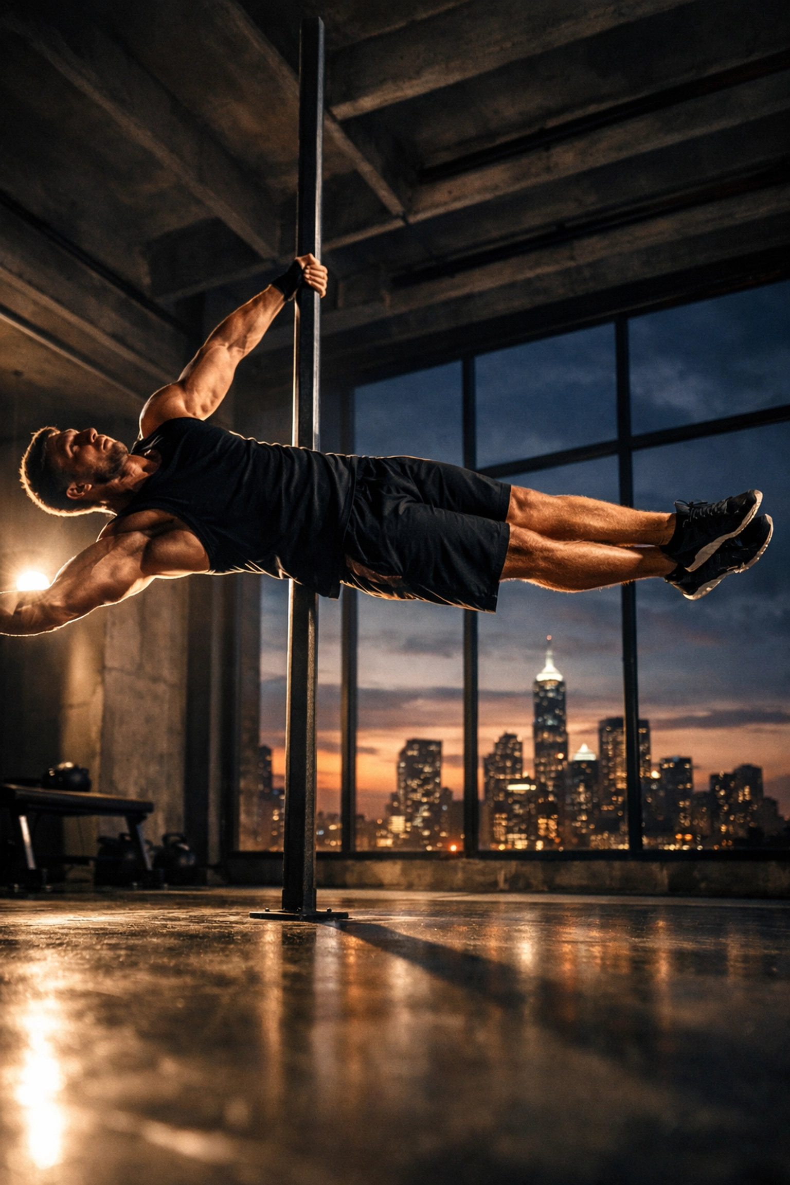 Elite athlete performing a human flag on calisthenics equipment for high-intensity bodyweight training at home.