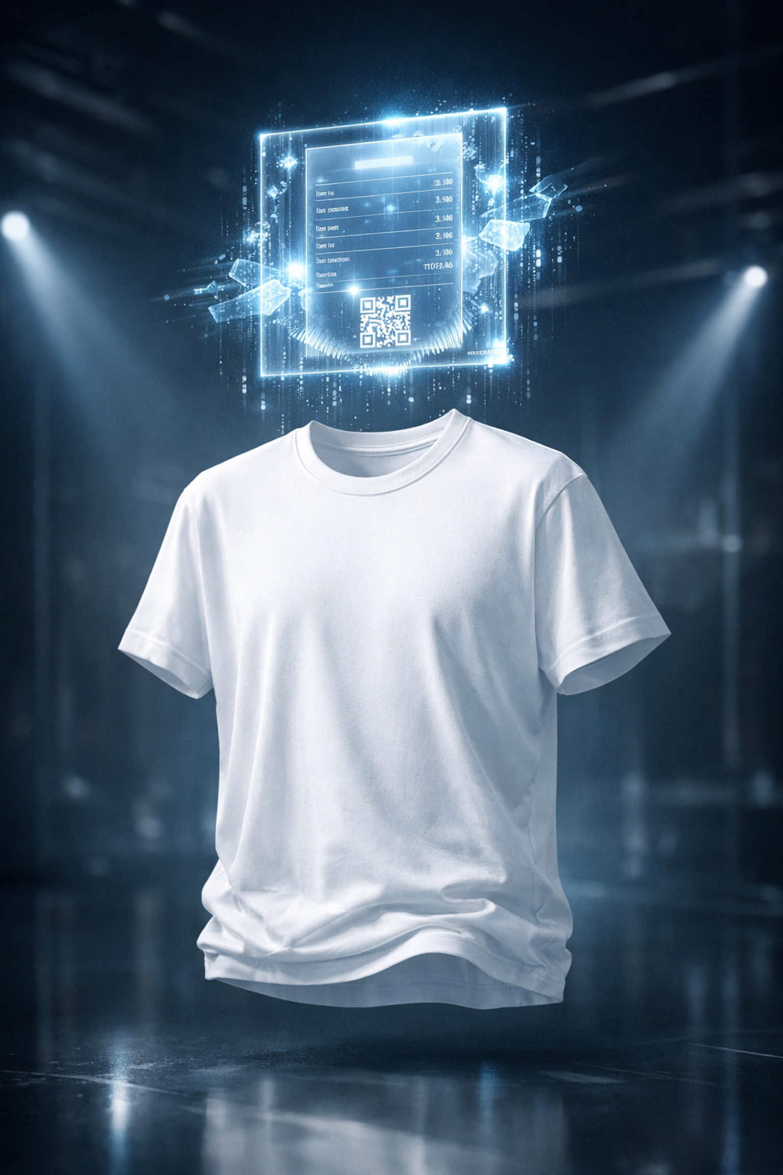 Holographic NFT receipt floating over a white t-shirt showcasing Larecoin's digital commodity utility.