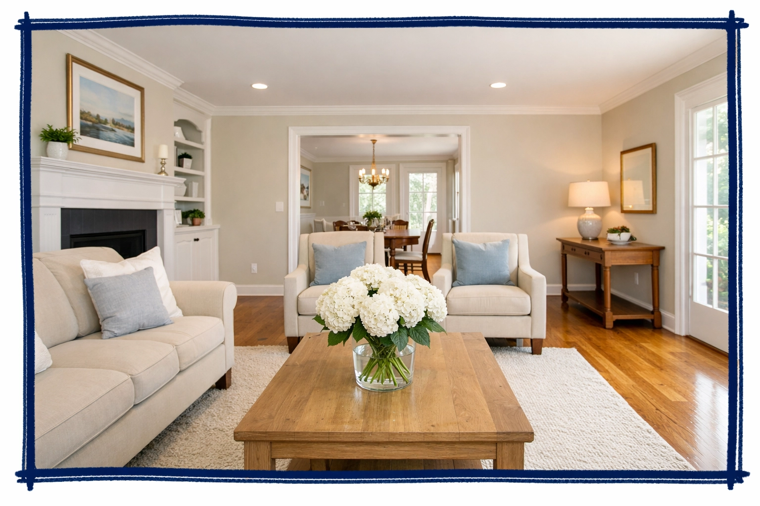 A beautifully staged and decluttered living room in a market-ready Connecticut home.