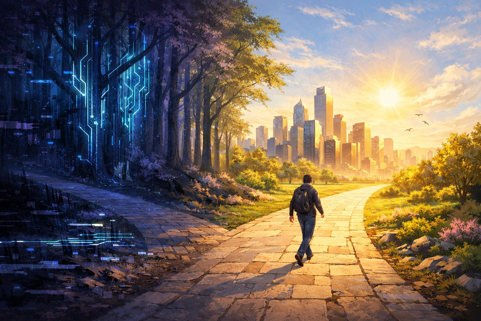 A person choosing a clear path toward a bright city over a digital glitch forest for brand transparency.