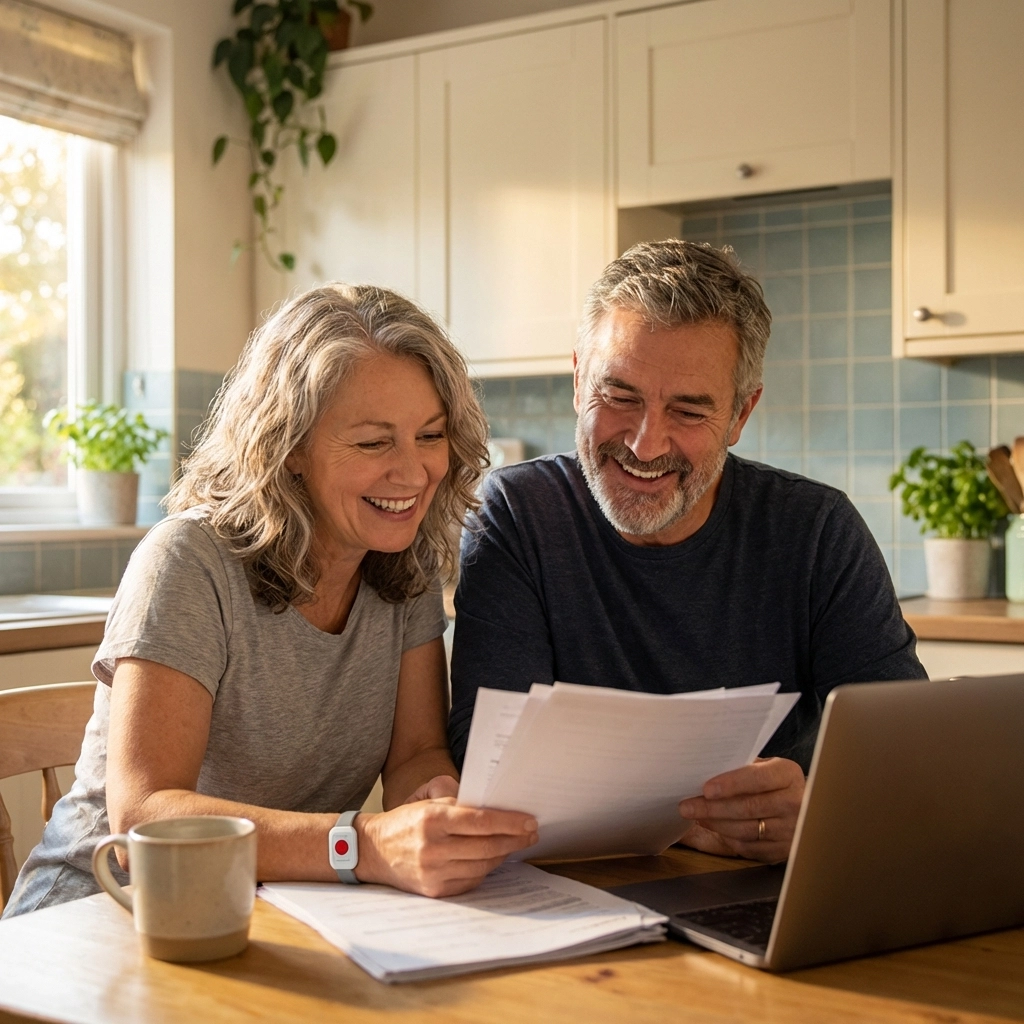 Middle-aged couple with health concerns reviewing life insurance documents at home