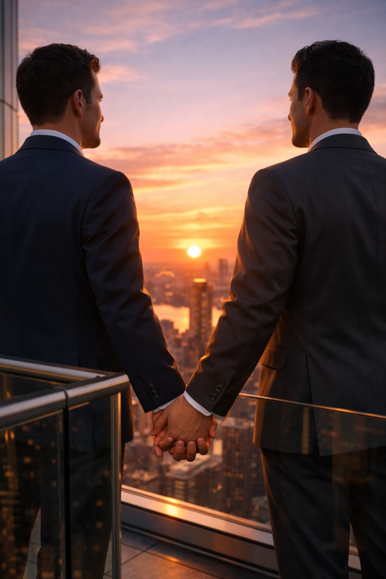 A gay couple in suits holding hands on a balcony at sunset, representing a heartfelt mm romance book ending.