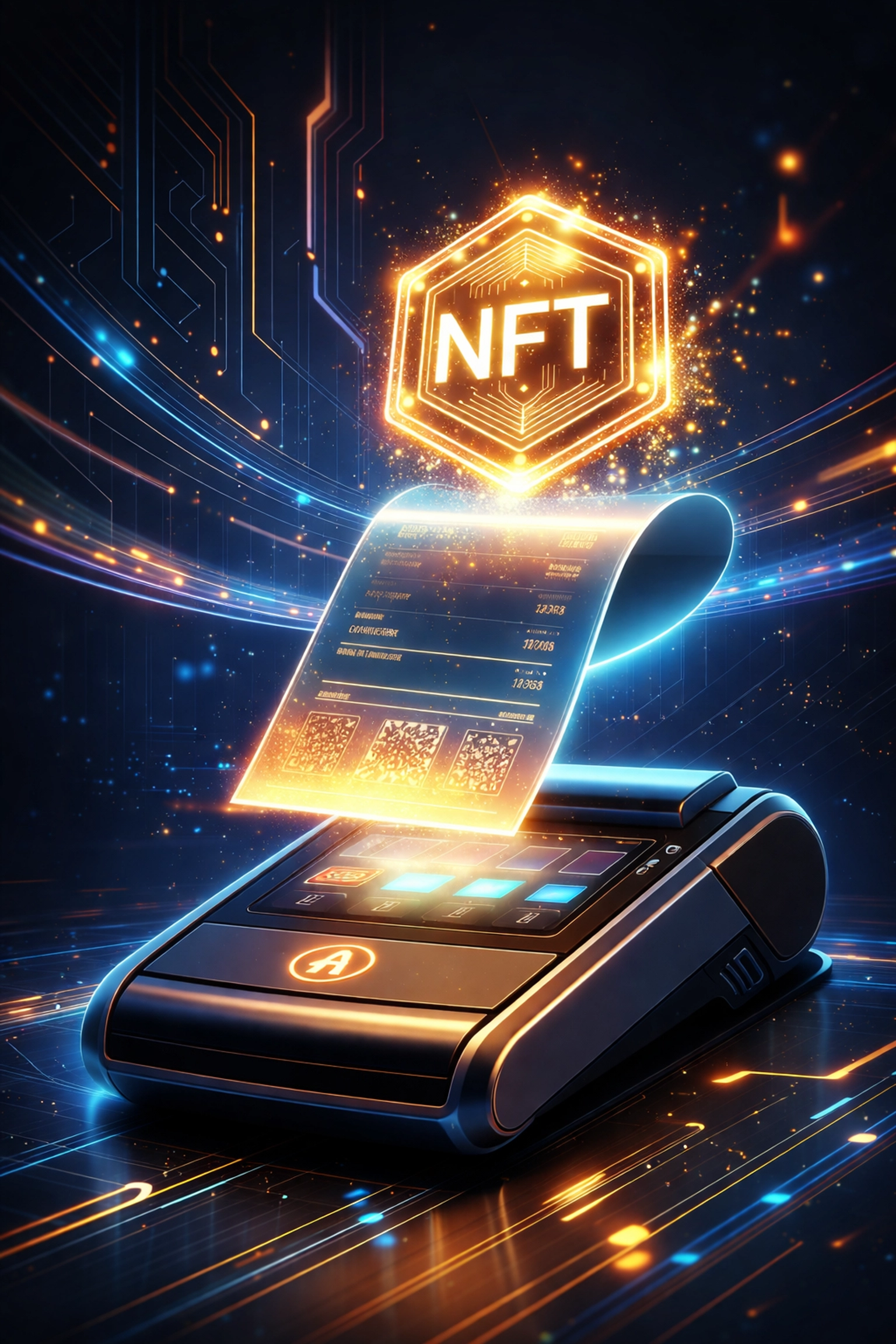 Futuristic digital receipt turning into an NFT token above a point-of-sale terminal, symbolizing Larecoin's blockchain payment solution.