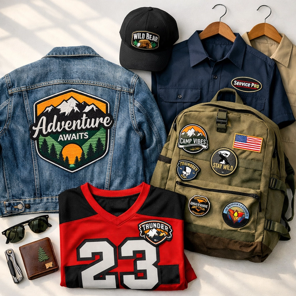Custom embroidered patches on jacket, cap, backpack, uniforms and sports jersey