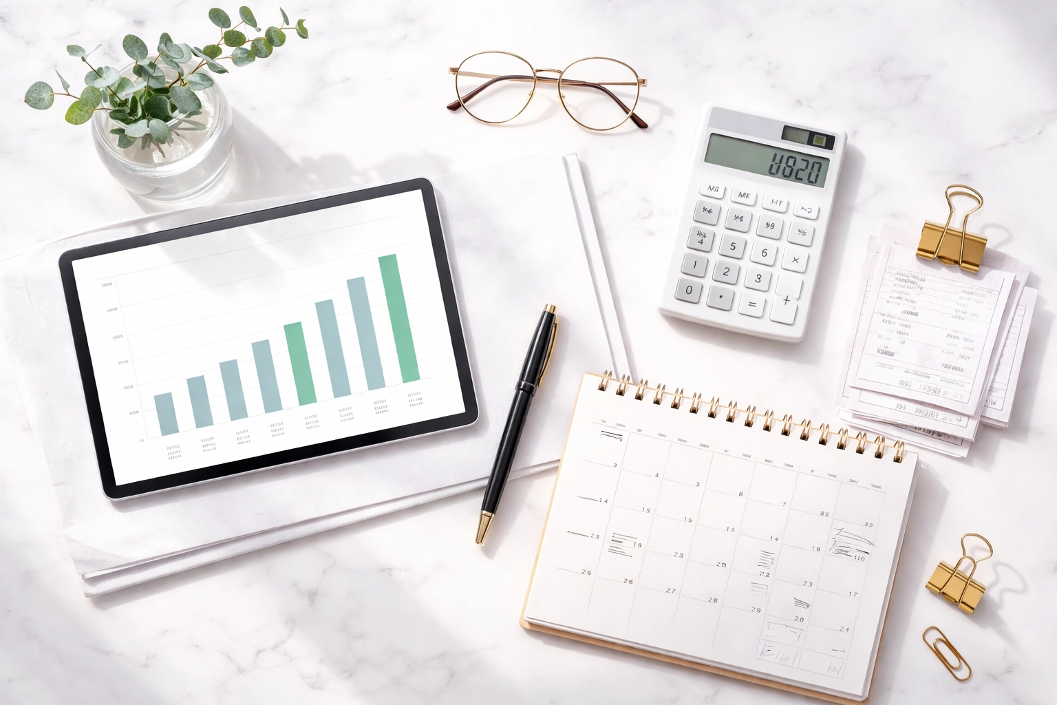 Flat lay of financial planning tools representing organized monthly bookkeeping for small business tax filing.