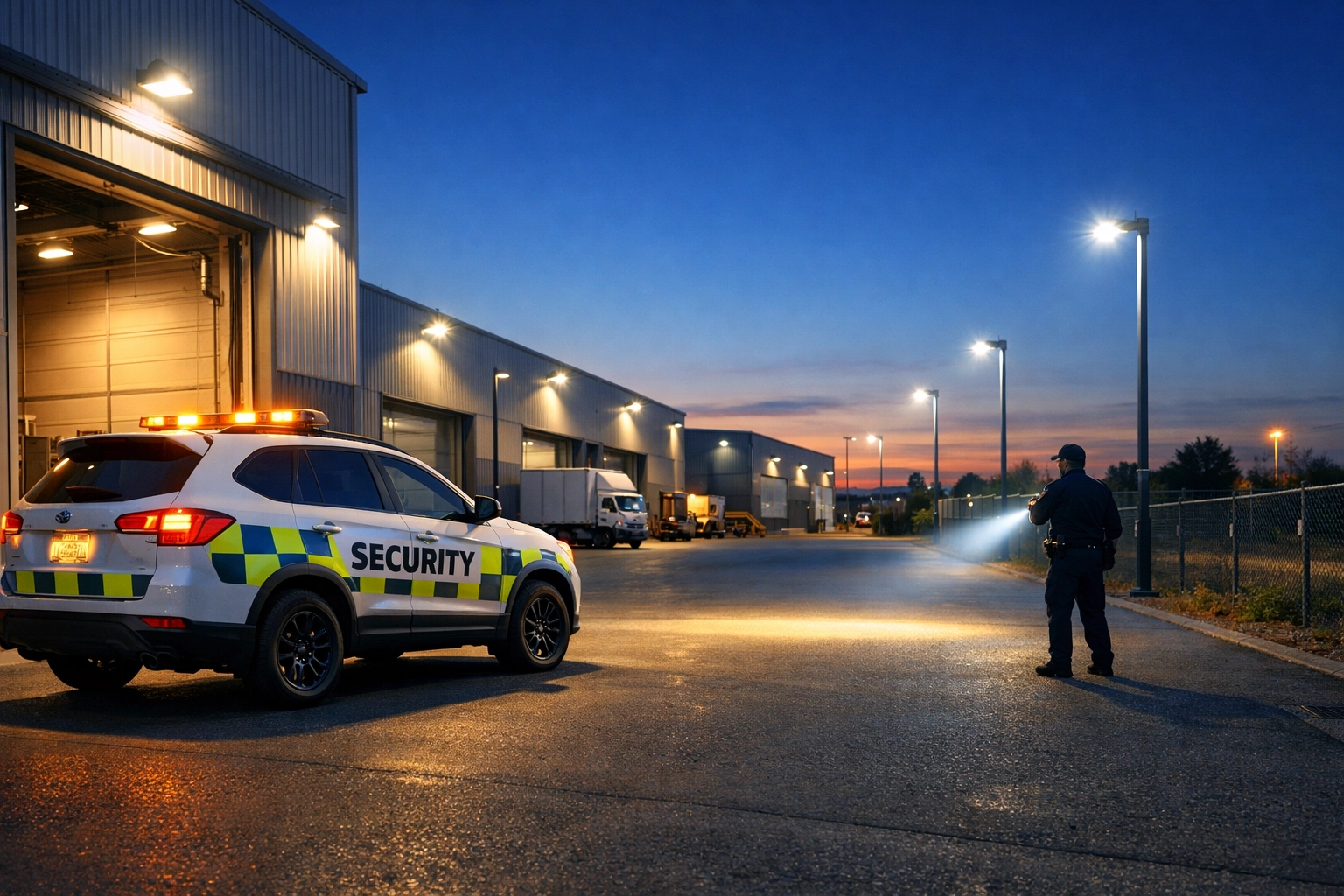 Mobile security patrol vehicle and officer performing perimeter checks at an industrial business park.