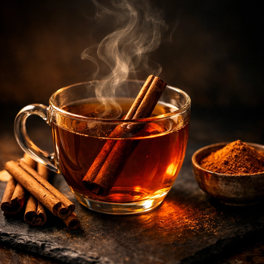 A steaming cup of tea infused with a whole H1 grade Ceylon cinnamon quill and ground spice.