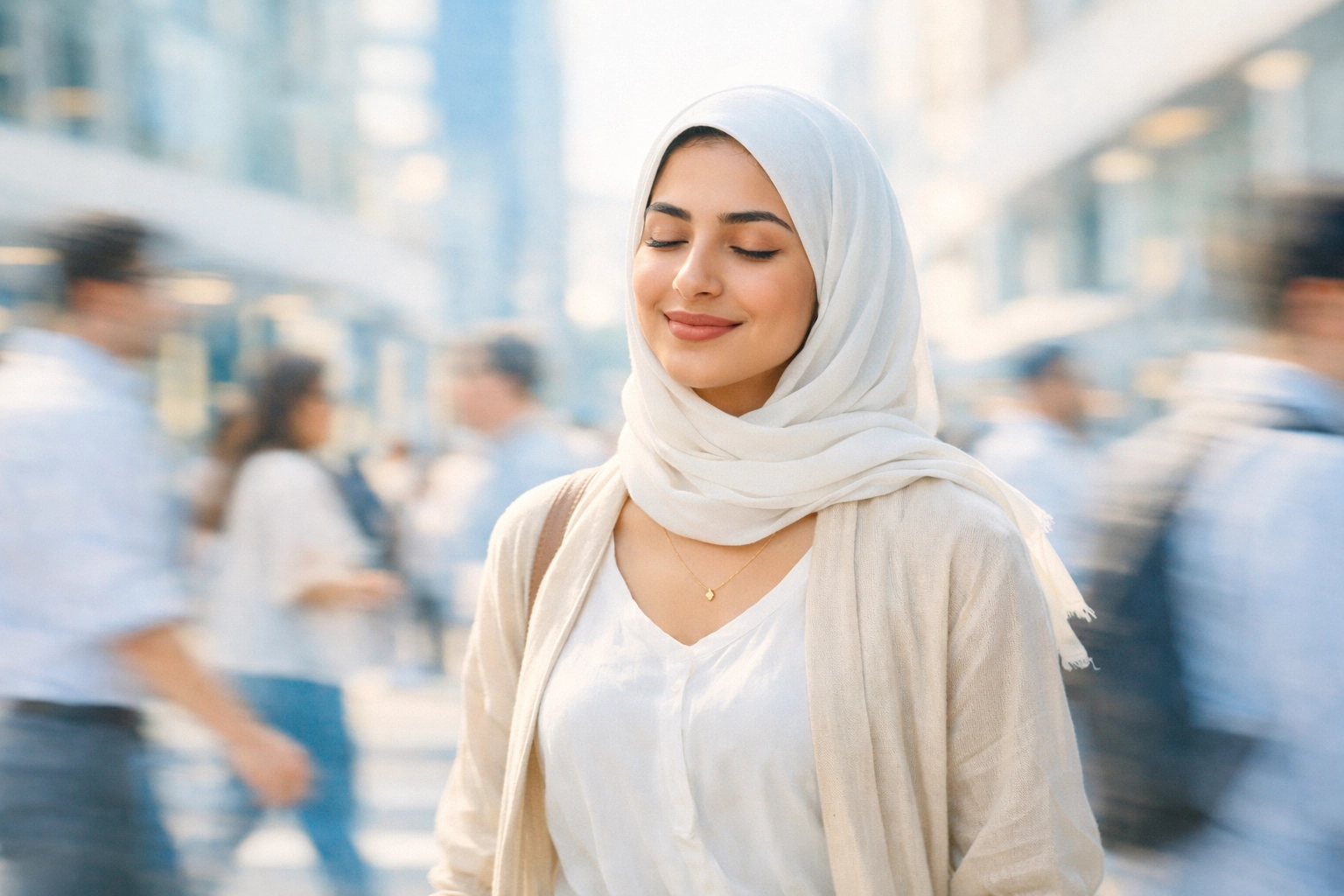 Woman walks through a busy city with calm expression, showing peace through daily prayer