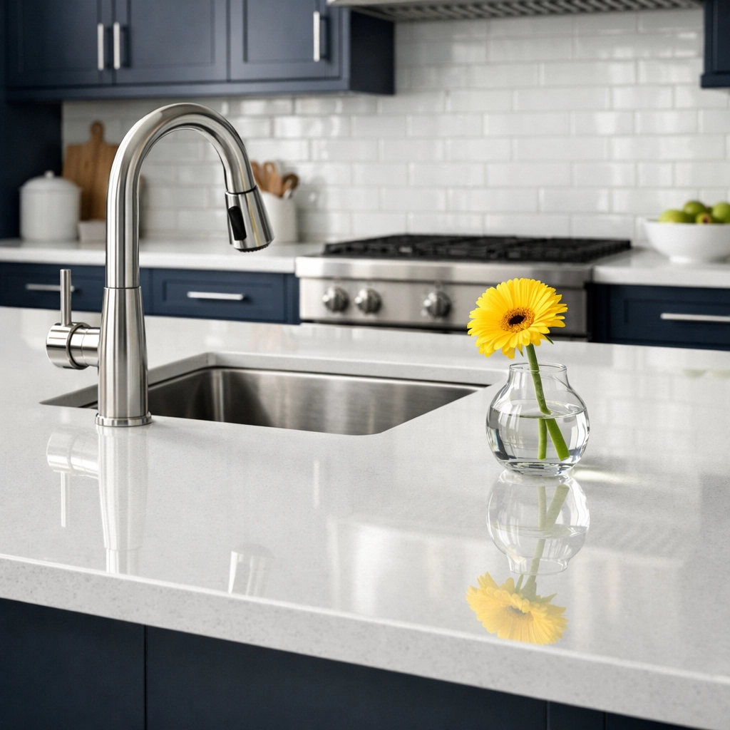 Polished quartz kitchen island and sink after professional post-construction cleaning.
