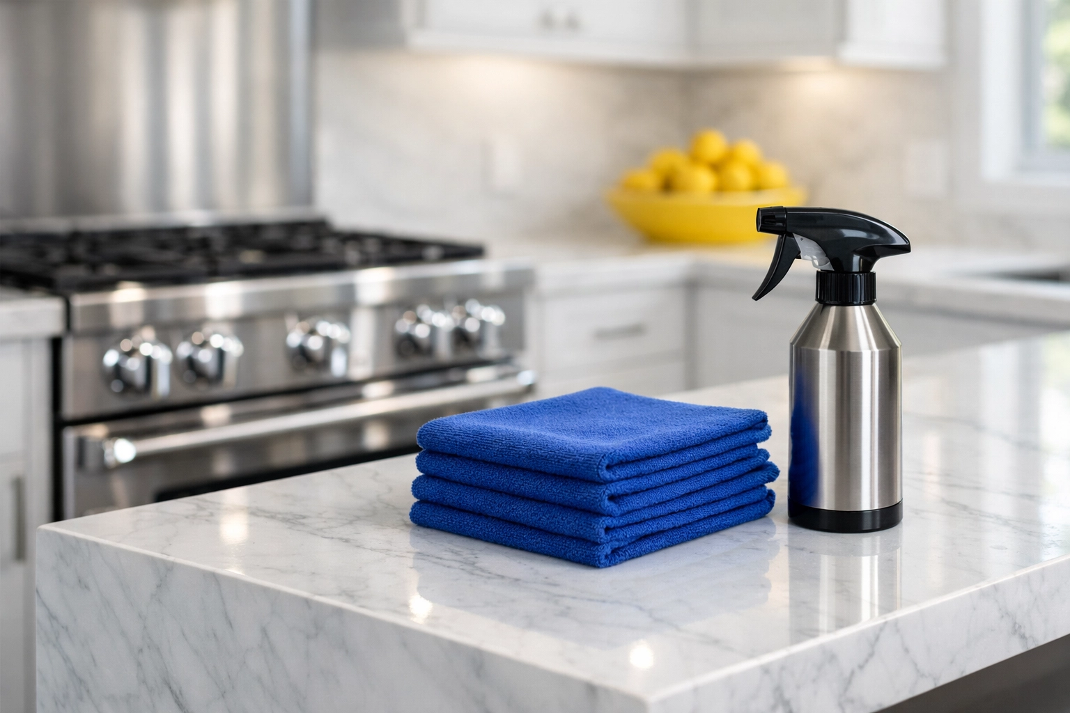 Pristine kitchen with marble island and cleaning supplies illustrating green cleaning services Lowell MA results.