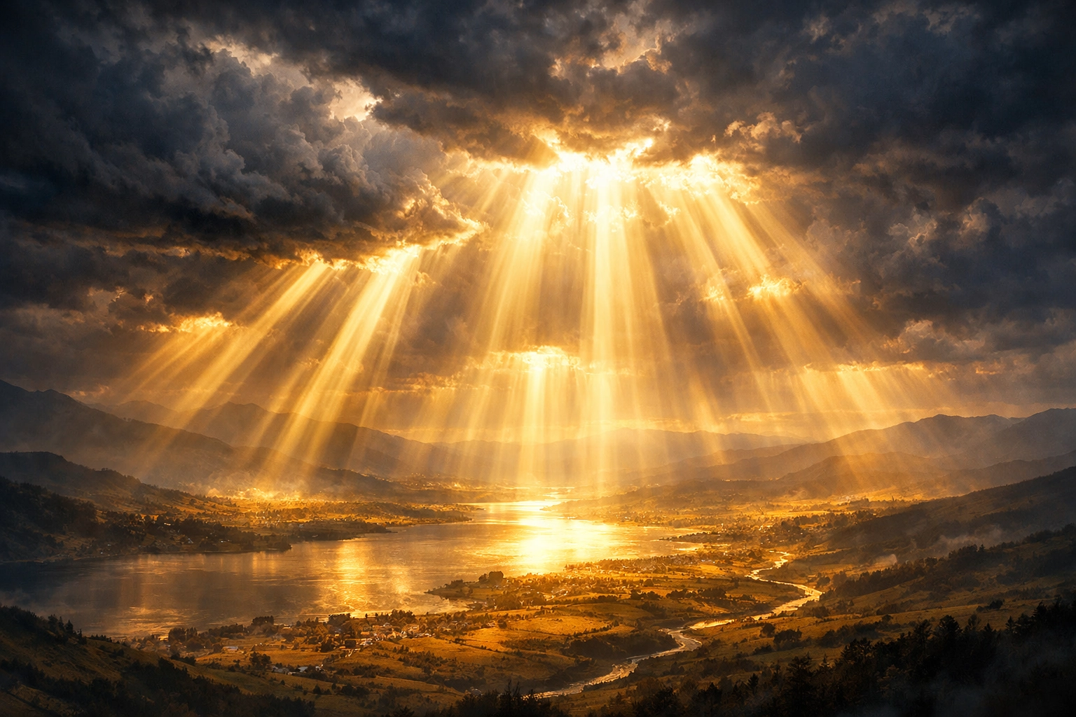 Golden light beams piercing through dark storm clouds, representing the spiritual hope of peace and faith.