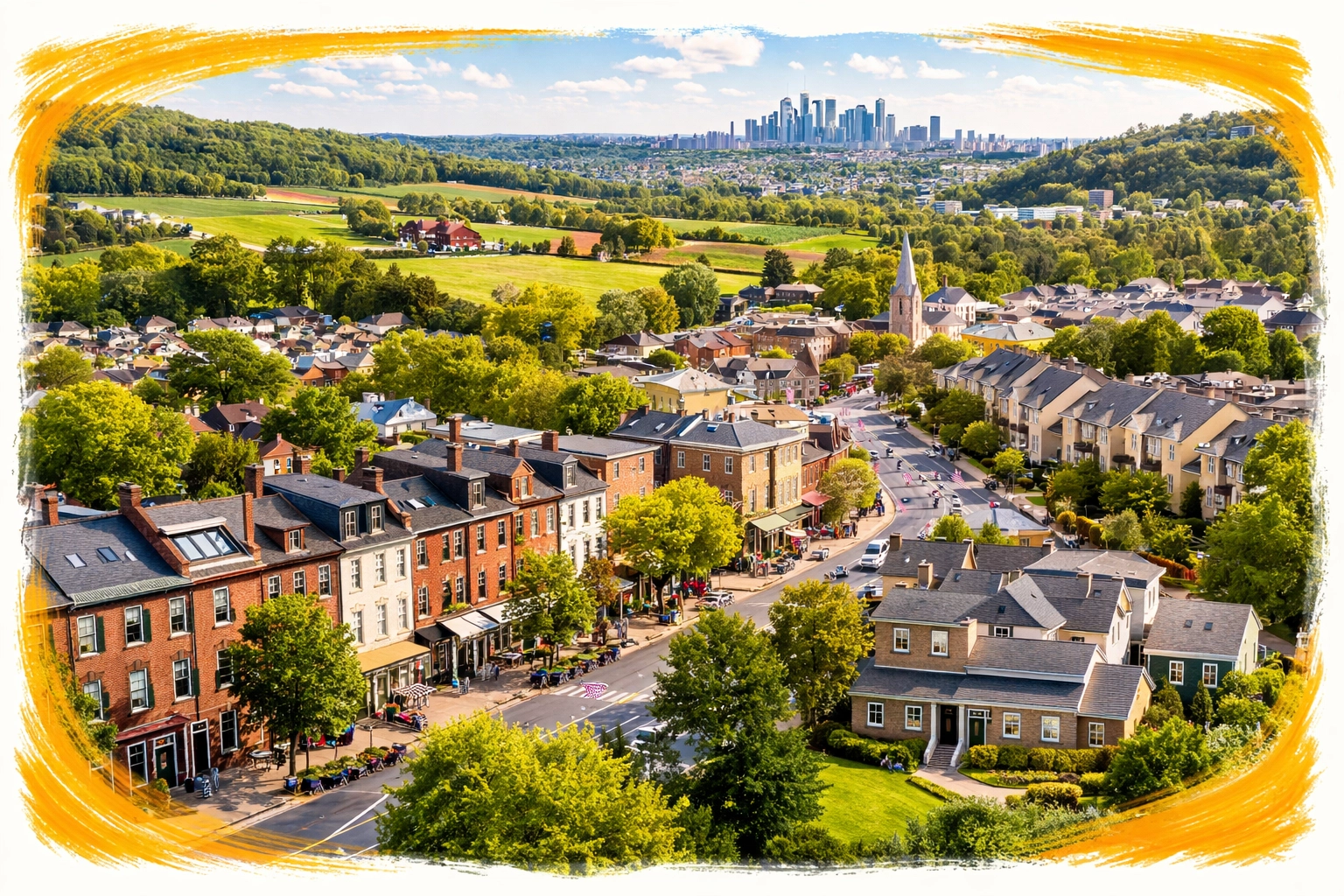 Aerial view showing diverse Greater Philadelphia neighborhoods from row homes to farmland