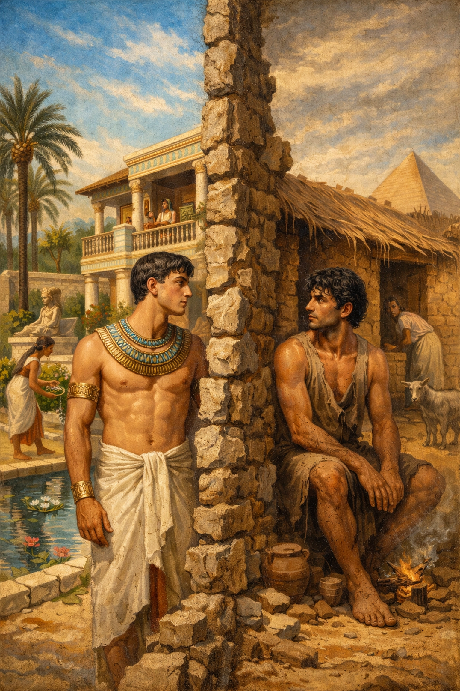 Ancient Egyptian class divide: luxurious villa versus worker's home, two lovers separated