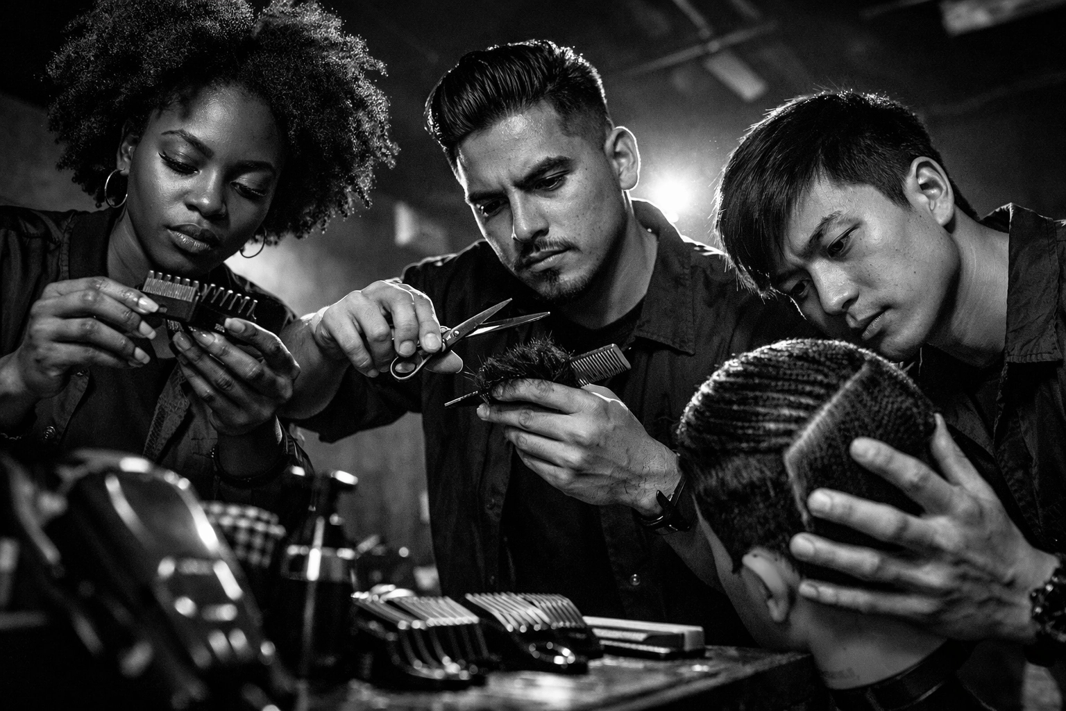 Diverse barber students practicing cutting techniques at X-Quisite Cutz School of Barbering in Ohio