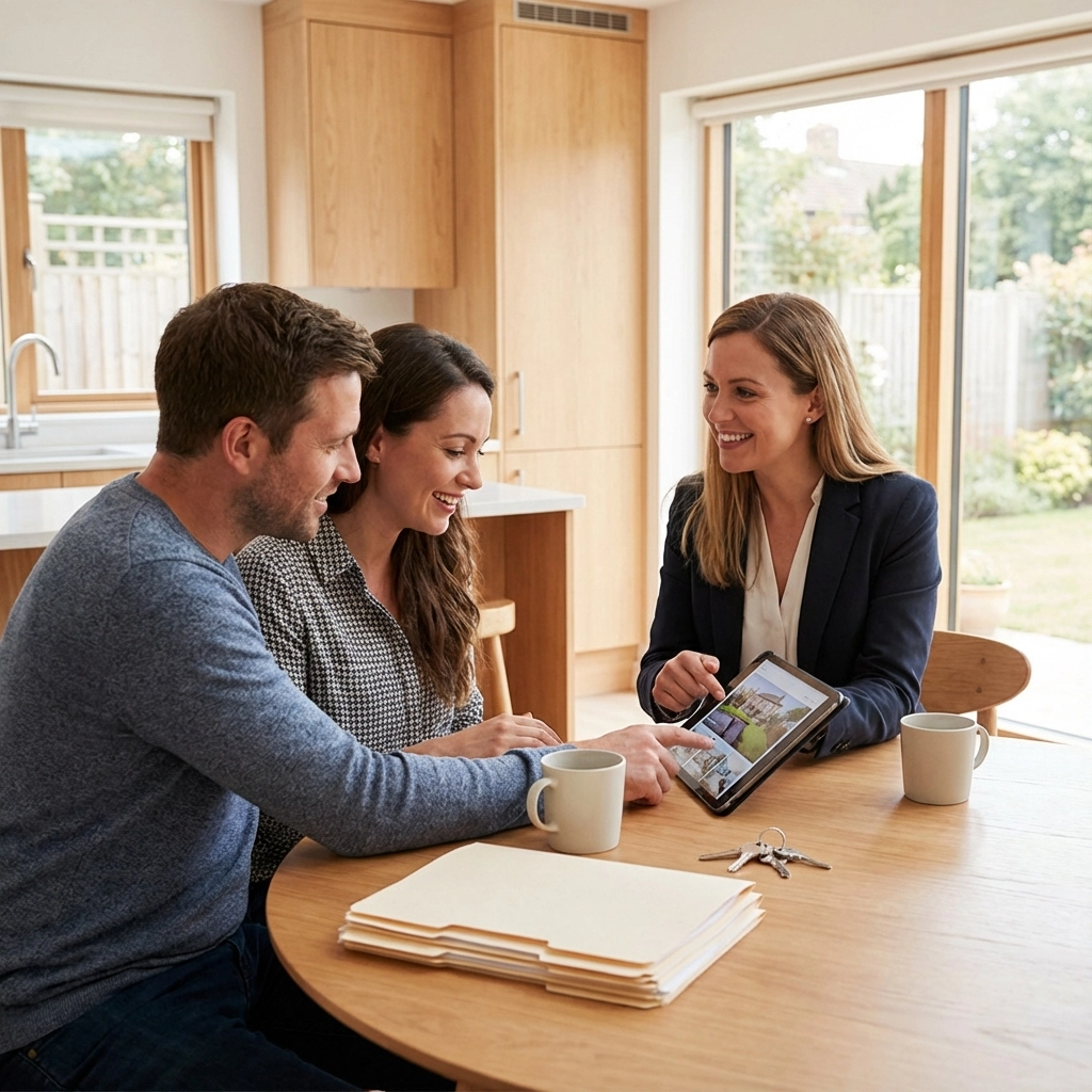A family discussing options with a real estate agent, symbolizing support for distressed homeowners