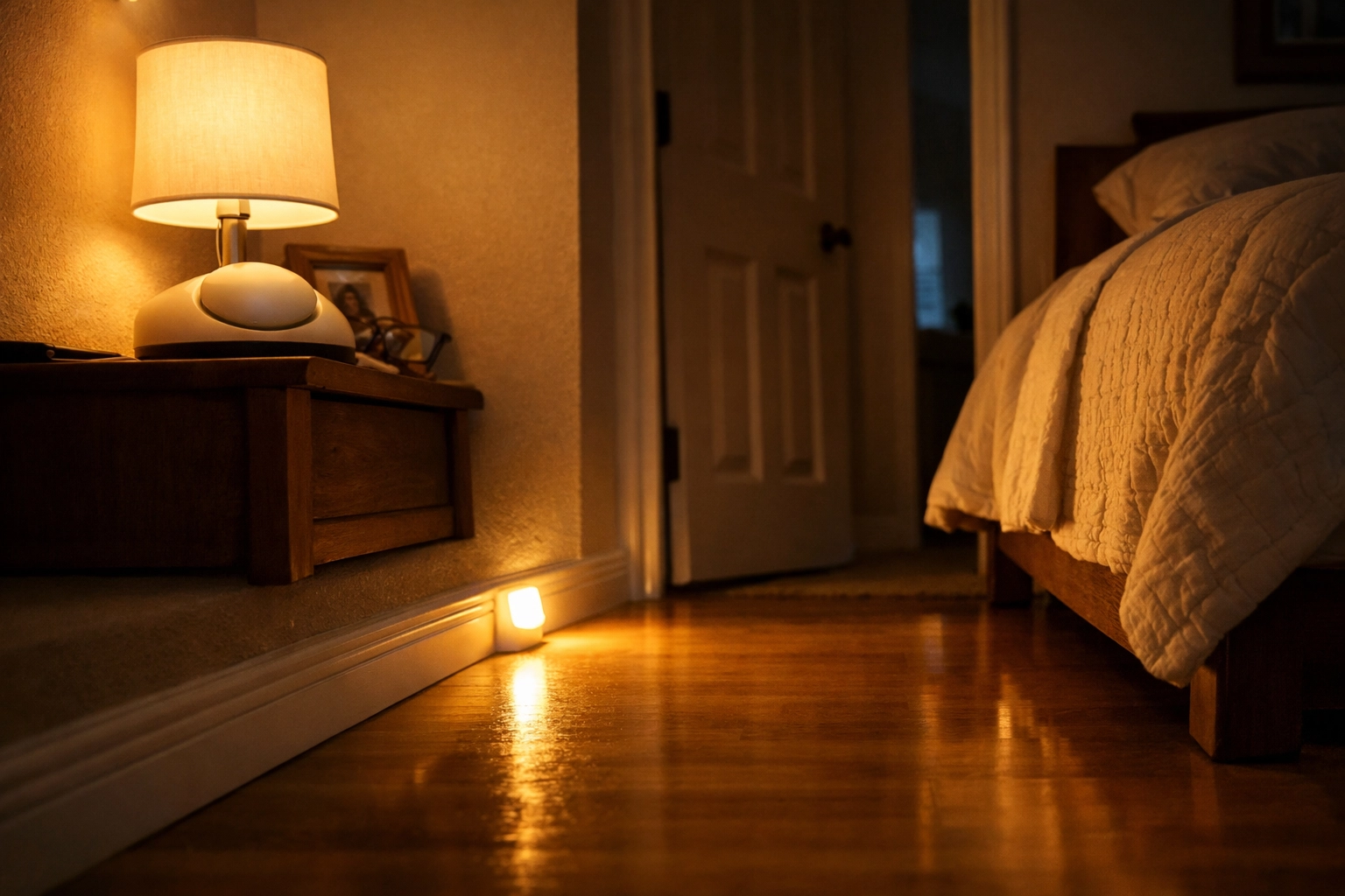 Motion-activated night light and bedside lamp creating safe bedroom lighting for fall prevention