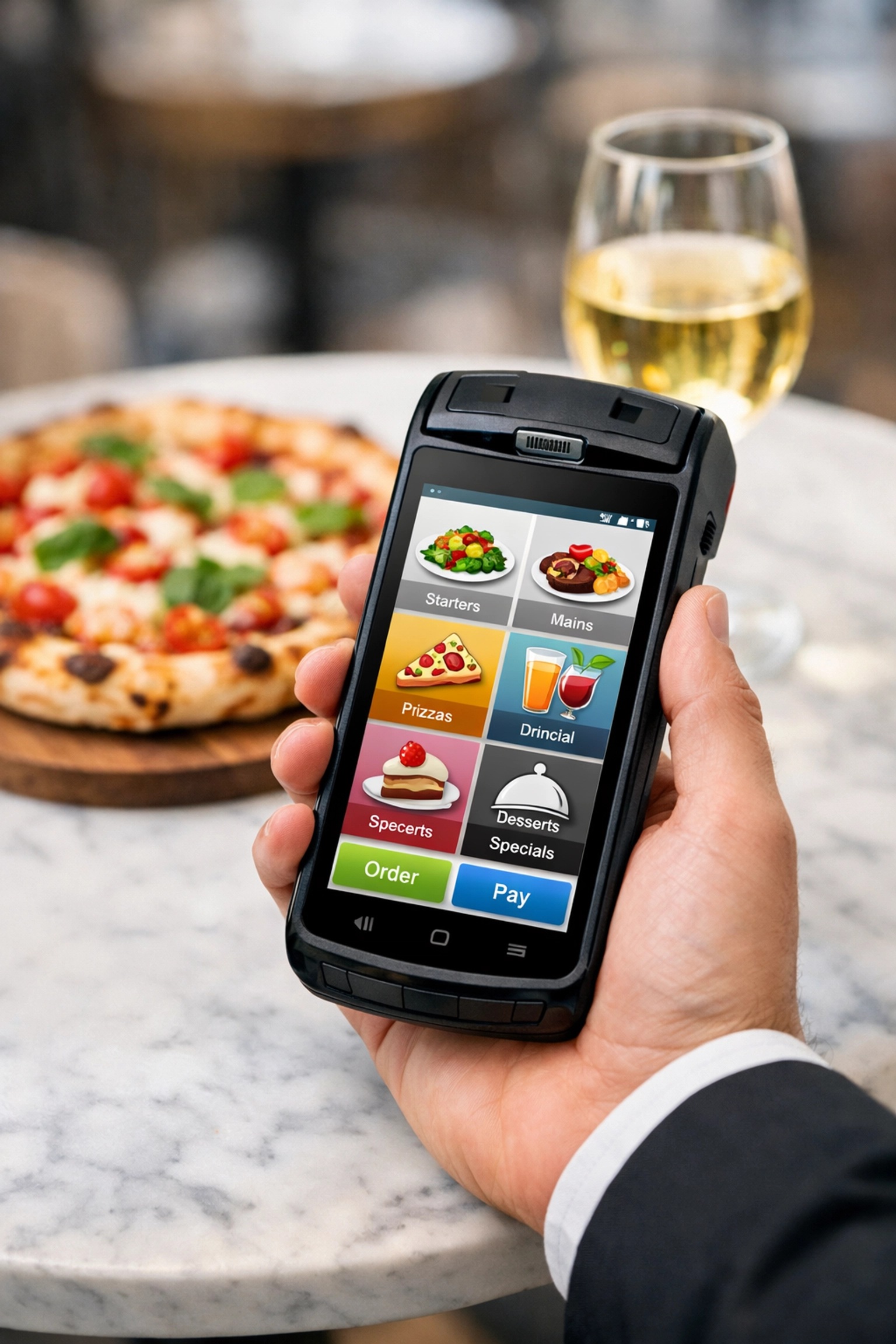 Waiter using a handheld mobile ordering device for efficient tableside service in a UK restaurant.