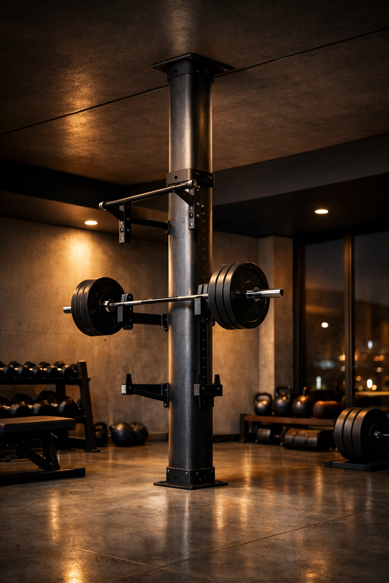 Sturdy floor to ceiling gym rail providing a secure foundation for heavy-duty bodyweight training at home.