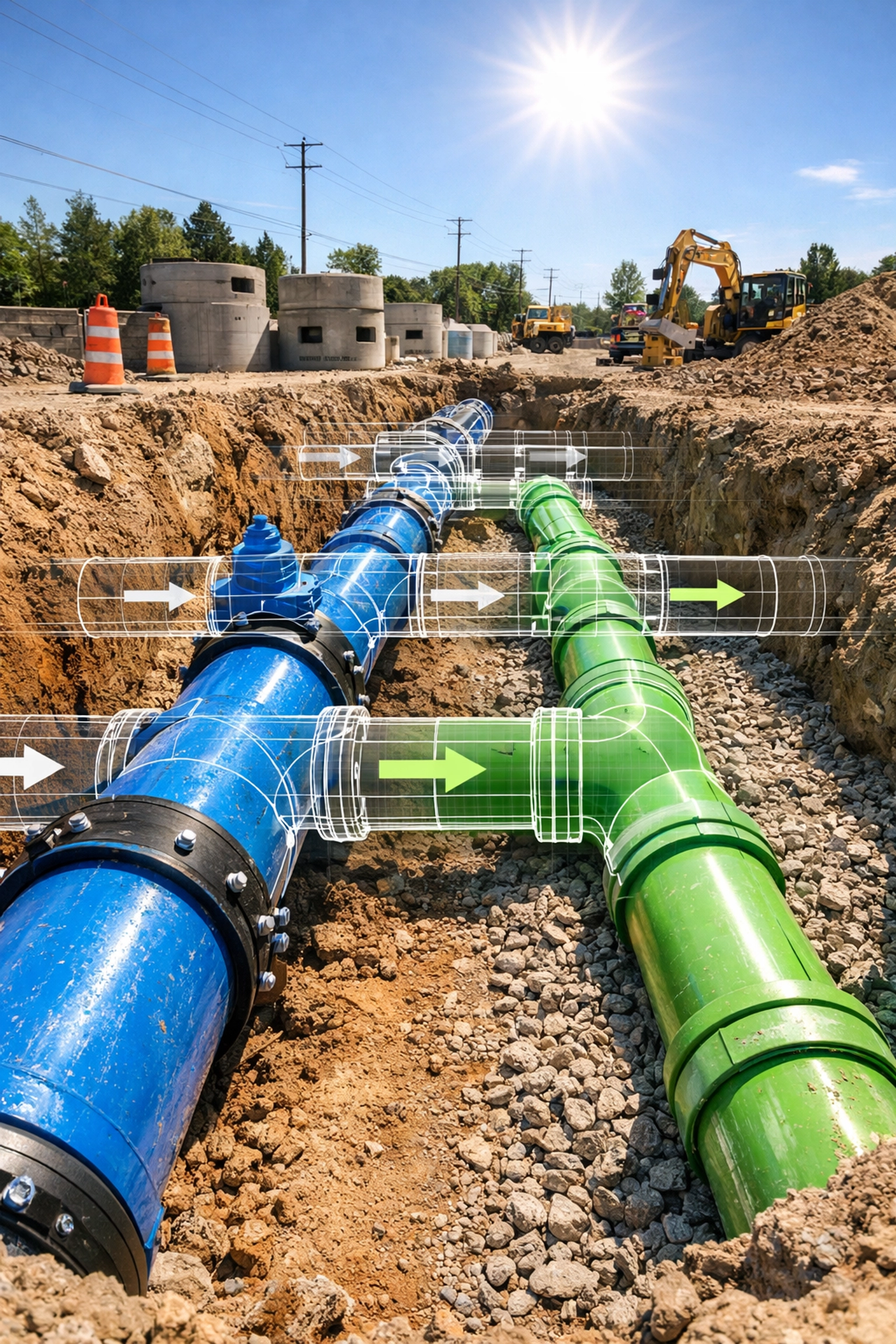 Professional site servicing showing underground water mains and sanitary pipes for a multiplex project.