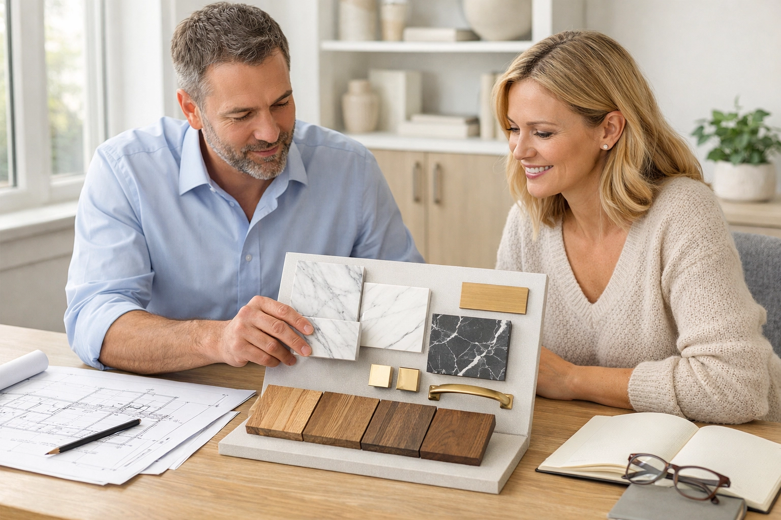 Orlando remodeling experts and homeowner reviewing a design mood board during a professional consultation.