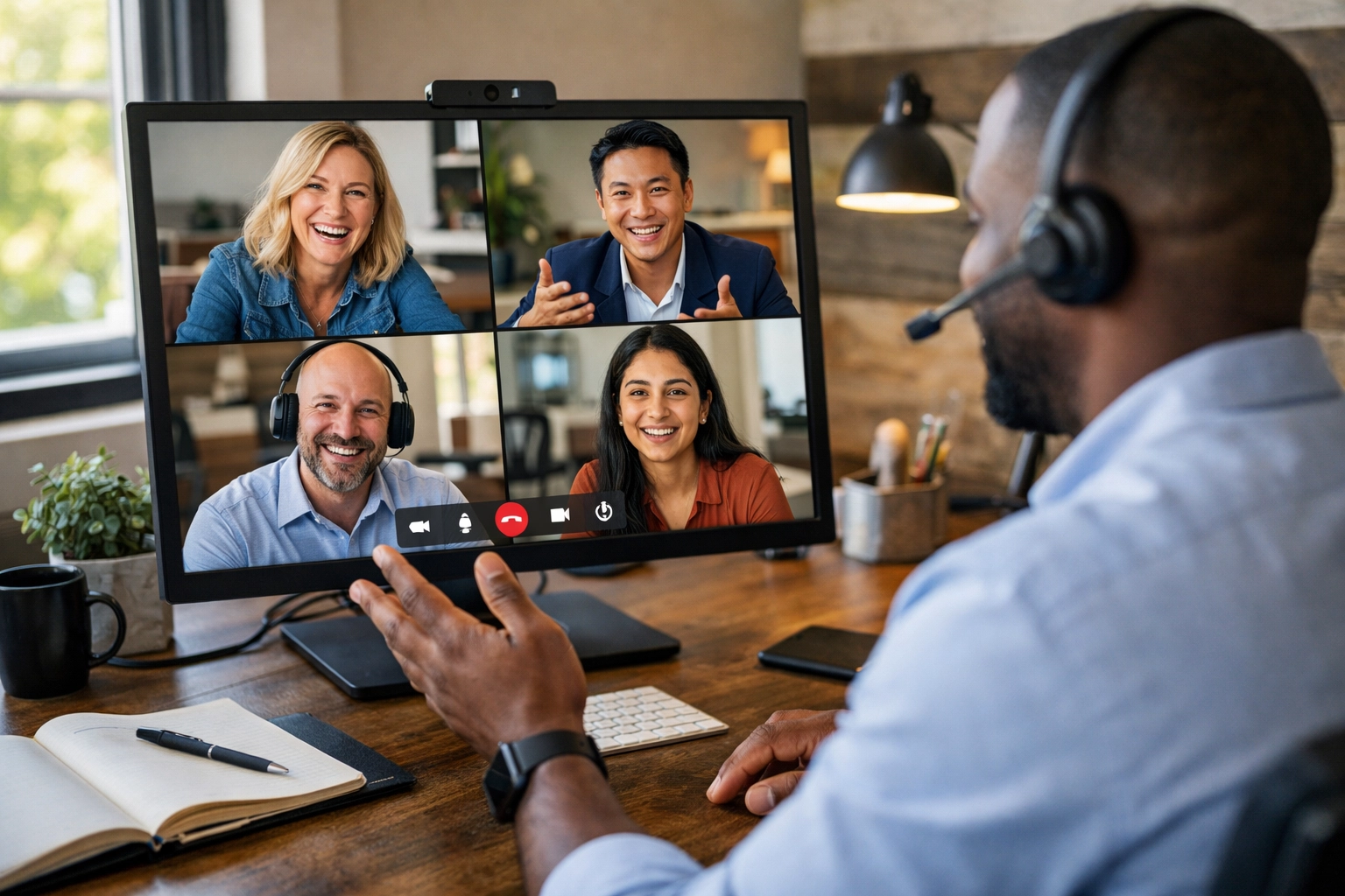 Virtual team meeting on video conference platform showing remote collaboration across locations